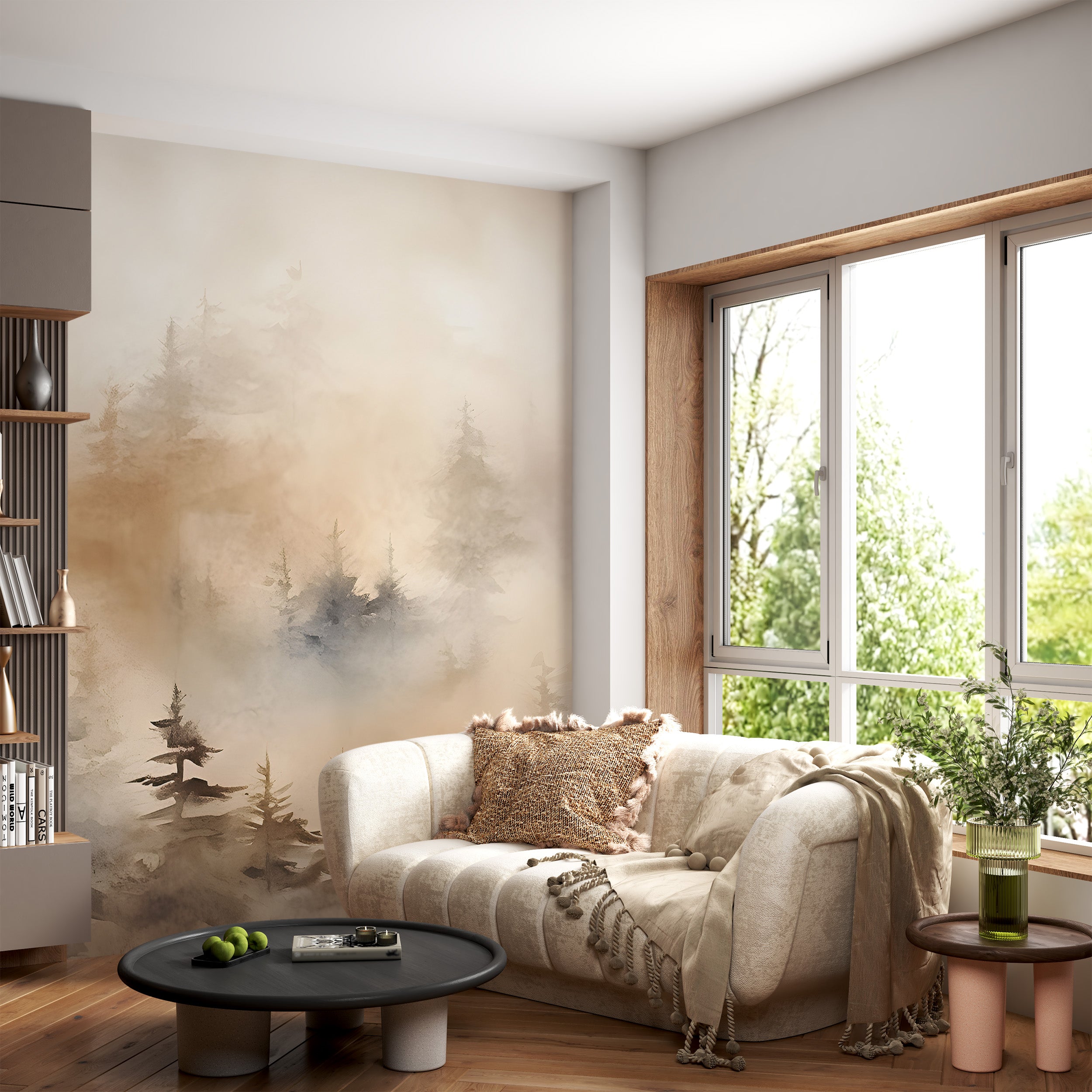 Beige Watercolor Landscape Wallpaper Detail in Room Setting
