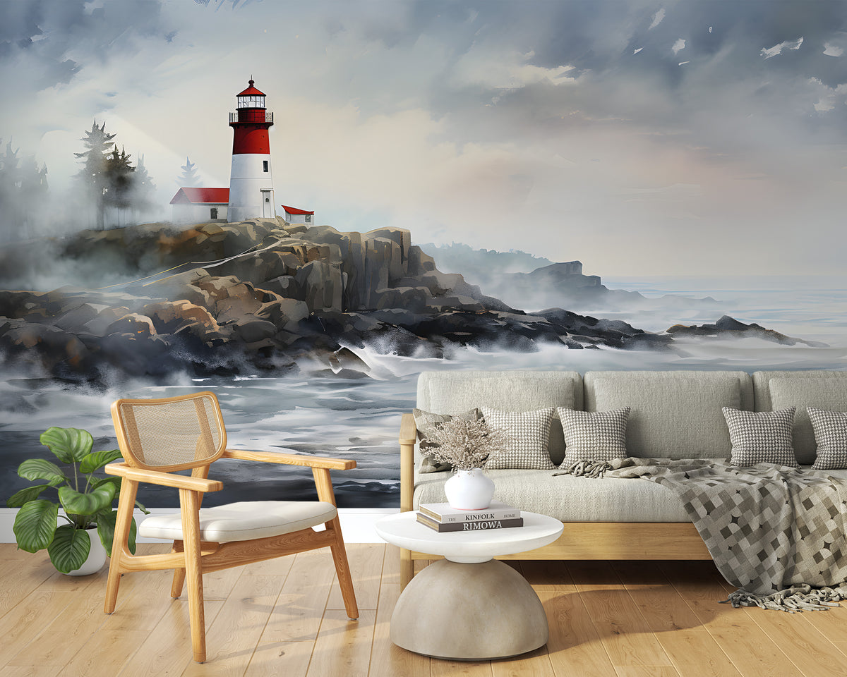 Watercolor Lighthouse Mural | Stormy Landscape Wallpaper