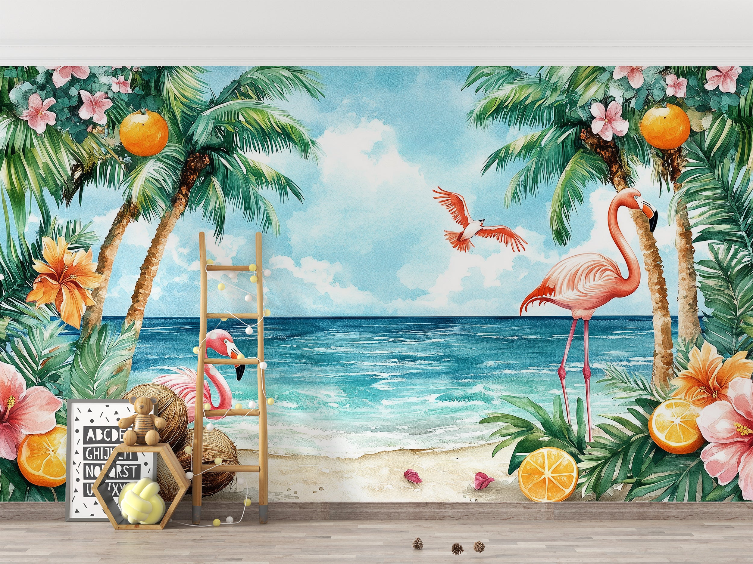 Dreamy Tropical Beach Mural, Peel and Stick Flamingos and Palm Trees Wallpaper, Ocean Calm Beach Colorful Wall Decor