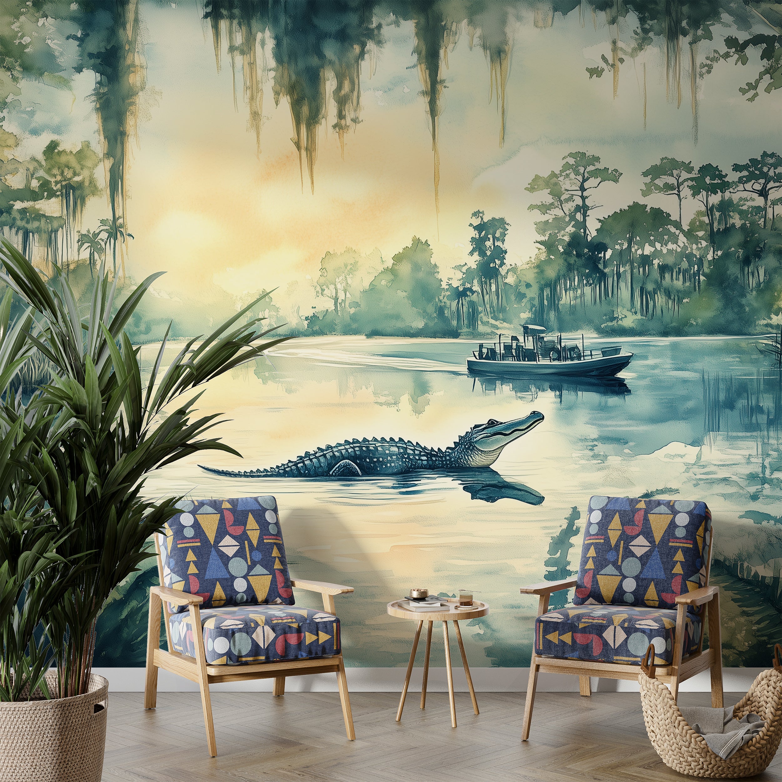 Vintage Scenic River Wall Mural, Peel and Stick Alligators in Wild Nature Wallpaper, Florida Jungle River Wall Mural