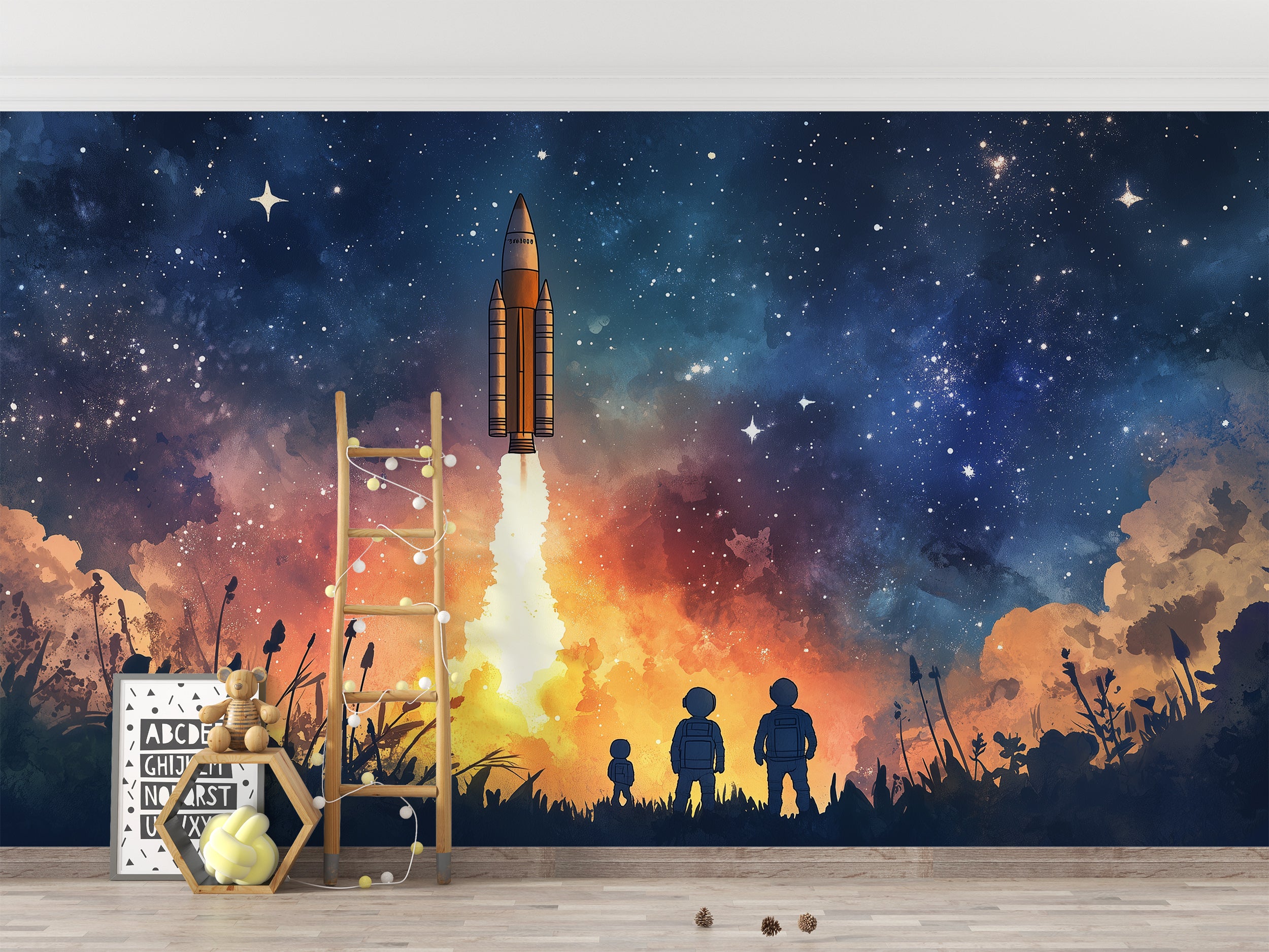 Rocket Launch Pad Wall Mural, Peel and Stick Starry Night Wallpaper, Astronauts Celestial Mural, Watercolor Stars Art