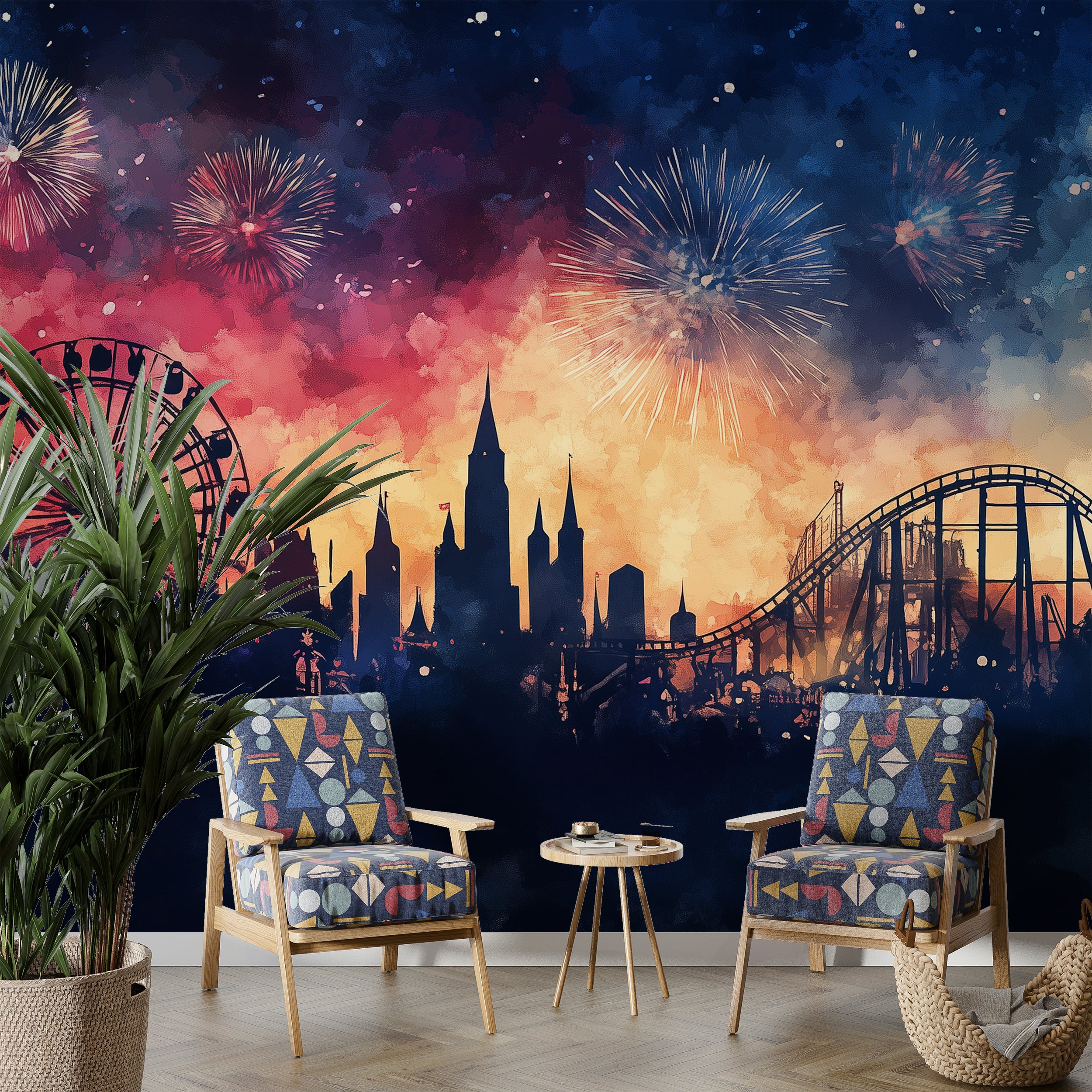 Ferris Wheel and Castle Wallpaper, Peel and Stick Florida Iconic Park View Mural, Fireworks Colorful Wall Art