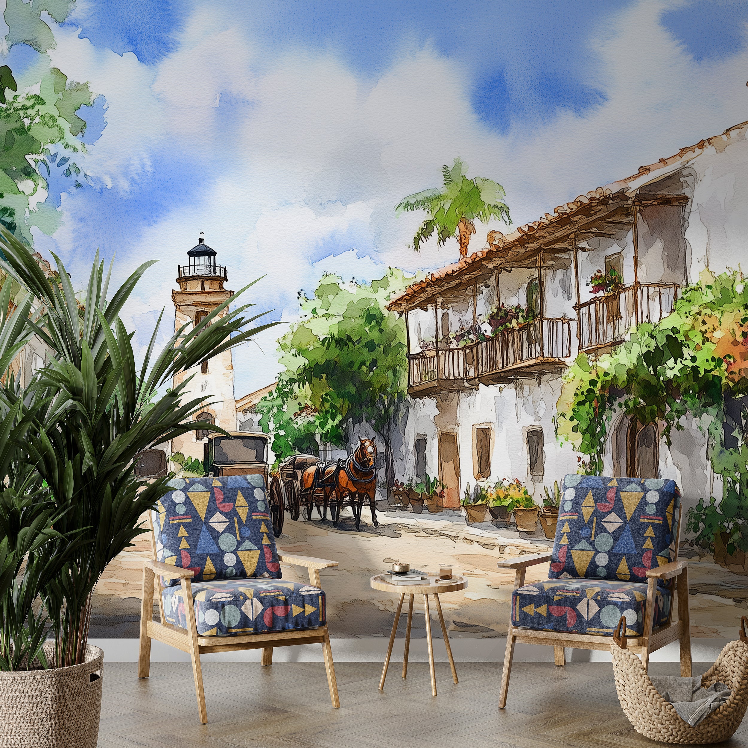 Old Town in Florida Wall Mural, Peel and Stick Watercolor Lighthouse Wallpaper, Vintage Accent Wall Art