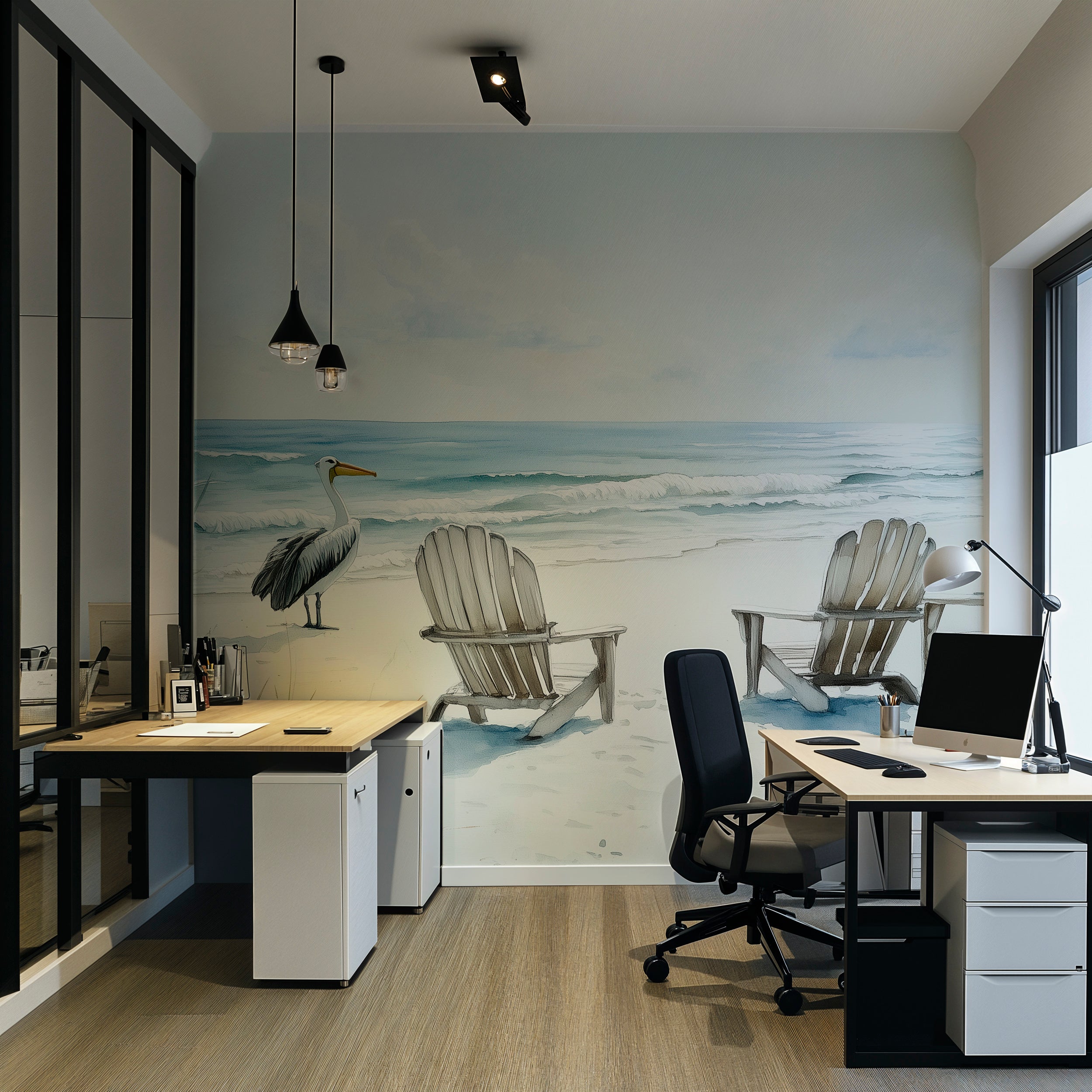 Pelicans on White Sand Beach Mural, Peel and Stick Calm Ocean Wallpaper, Florida Coastal Wall Decor