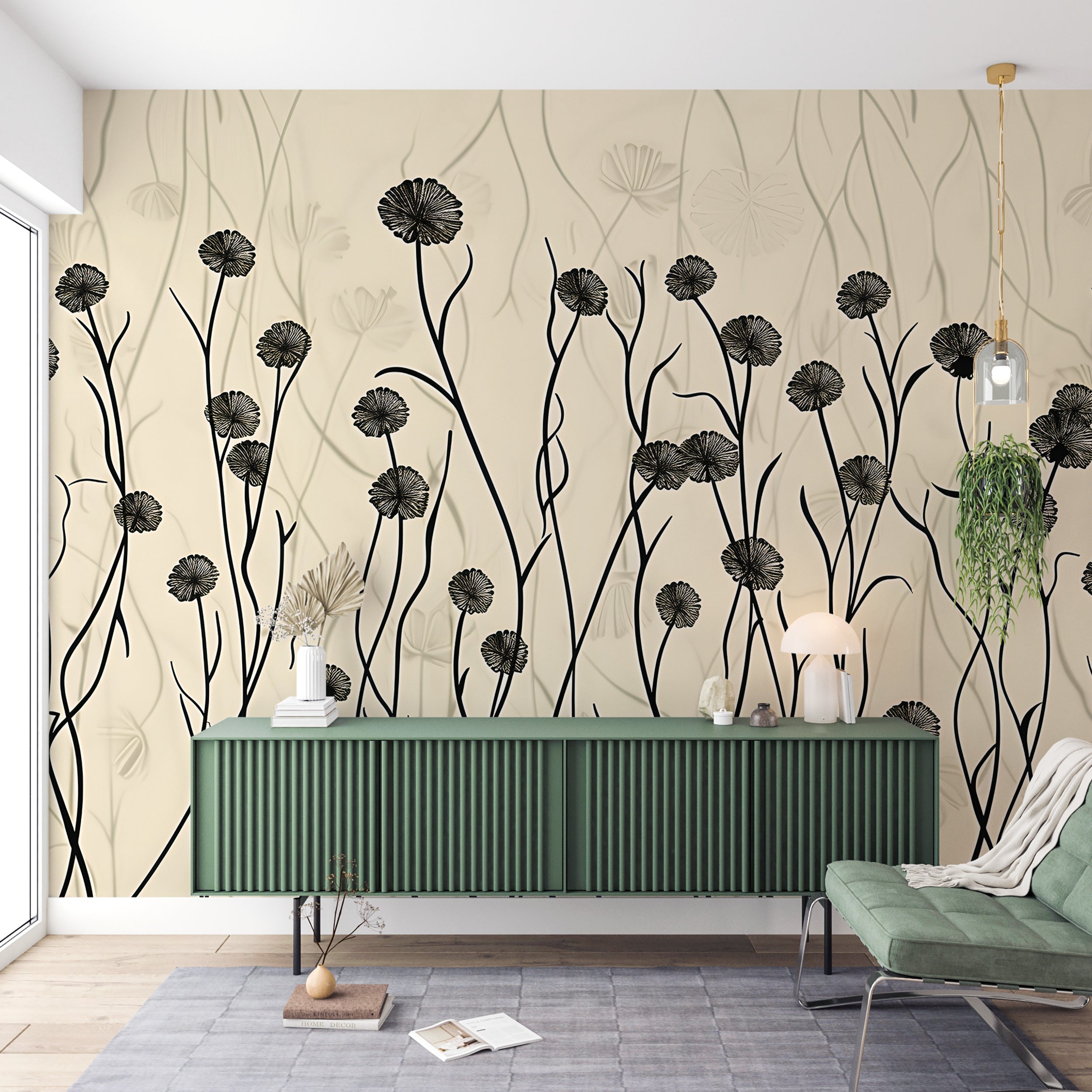 Beige Plants Wall Mural, Light Botanical Wallpaper, Abstract Floral Wall Decal, Peel and Stick Beige Flower Mural, Meadow Flowers Mural