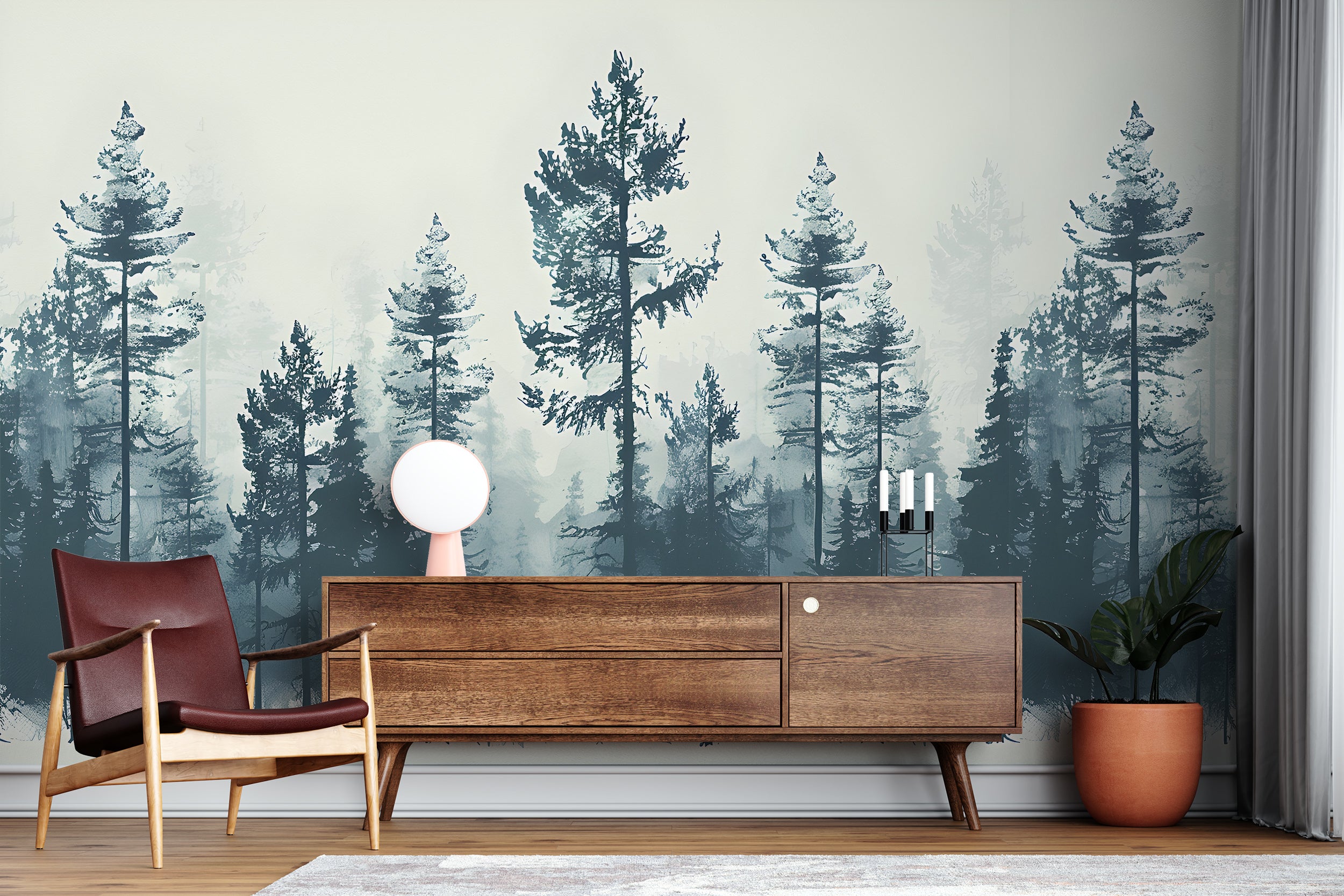 Watercolor Pine Tree Forest Wallpaper, Peel and Stick Nature Mural, Green and Beige Vintage Forest, Classic Seamless Wallpaper