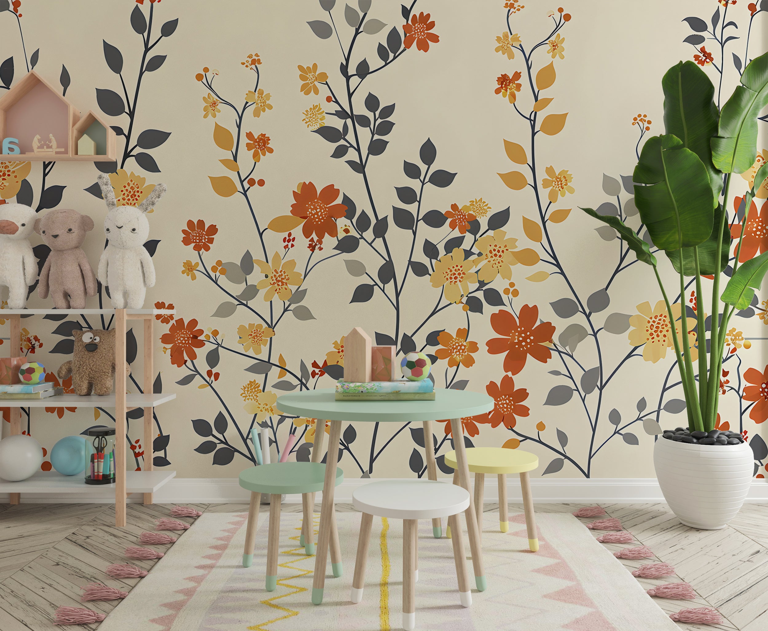 Beige Floral Mural, Red and Yellow Flowers Wallpaper, Self-adhesive Botanical Wall Decal, Removable Pastel Colors Meadow Flower Mural