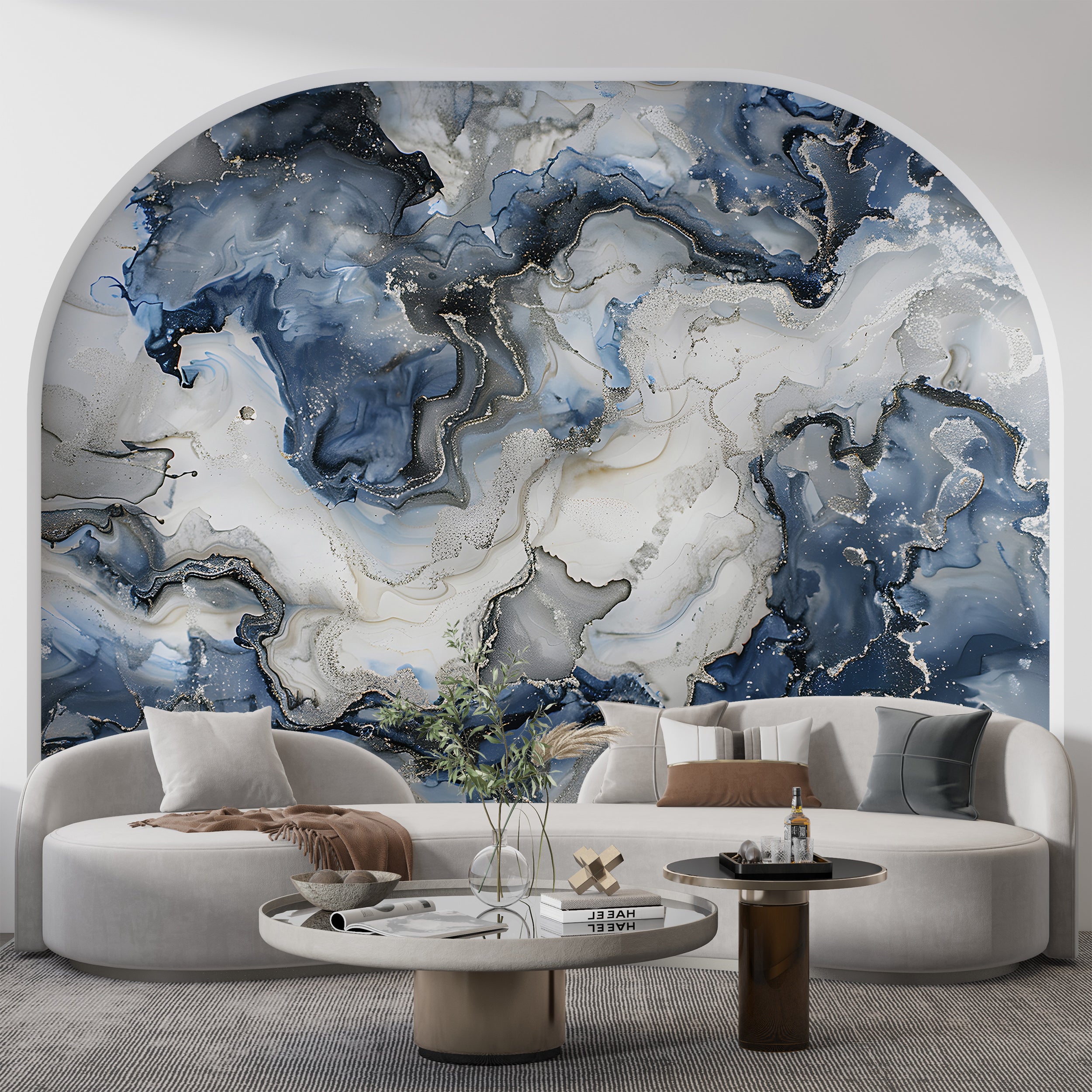 Blue and White Marble Wallpaper, Alcohol ink wall mural, Abstract Peel and Stick Stone Wallpaper, Blue & Silver Removable Modern Art