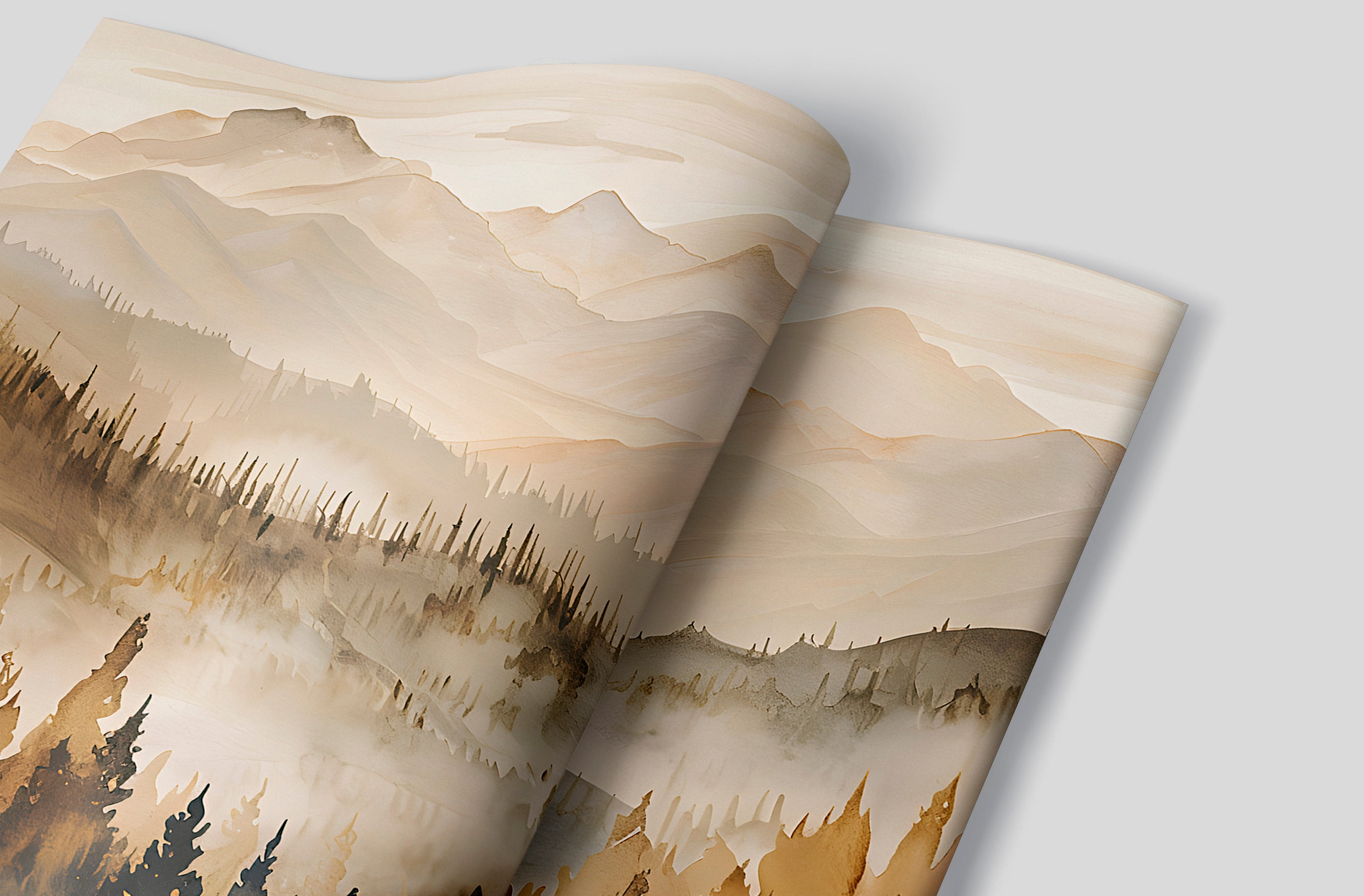 Brown and Beige Landscape Mural, Watercolor Mountains and Forest, Peel & Stick Nature Wall Decal, Removable Beige Pine Tree Forest