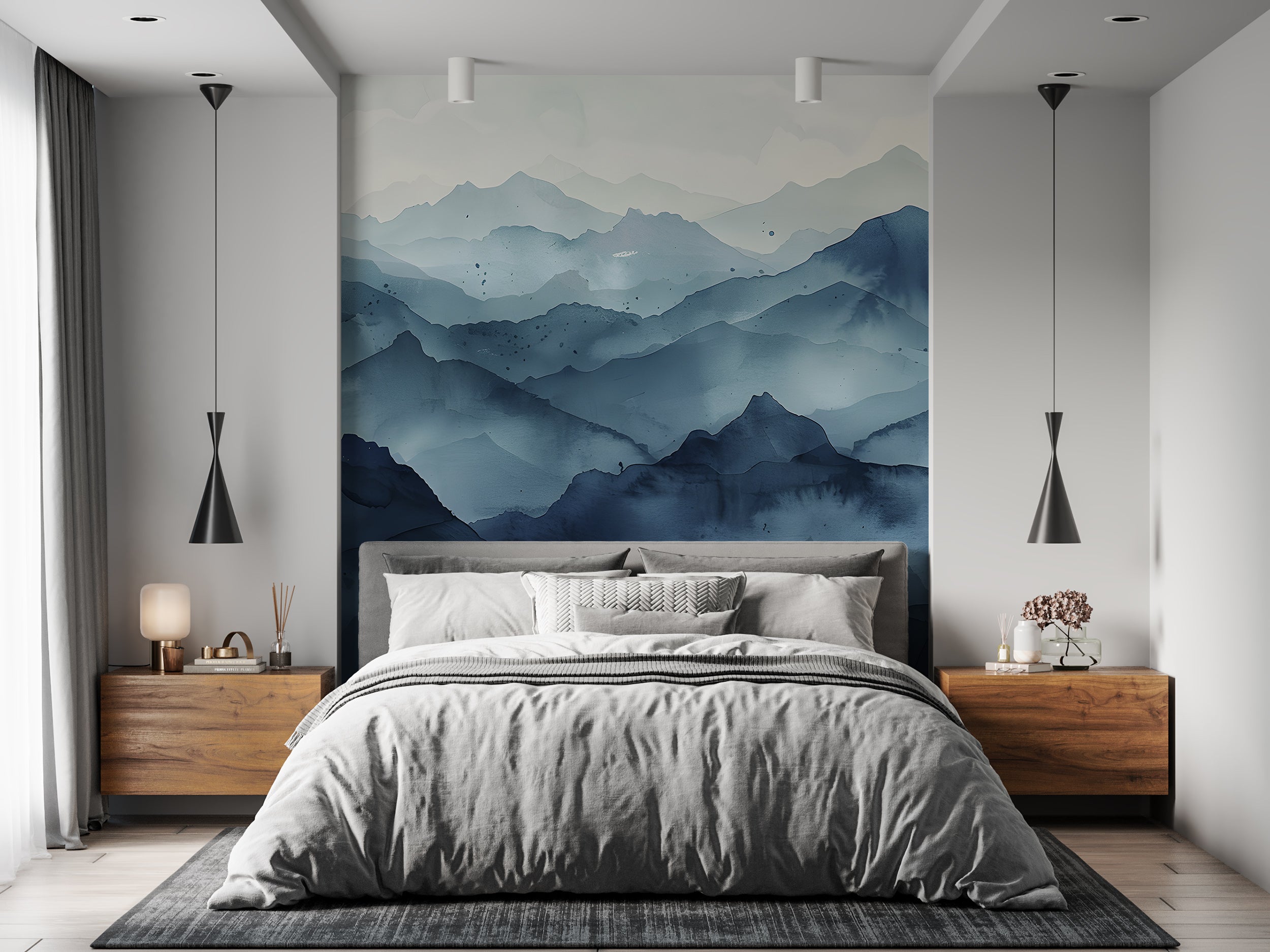 Dark Blue Mountains Mural, Watercolor Mountain Landscape Wallpaper, Peel and Stick Navy Blue Nature Art, Nursery Mountains Wall Decal