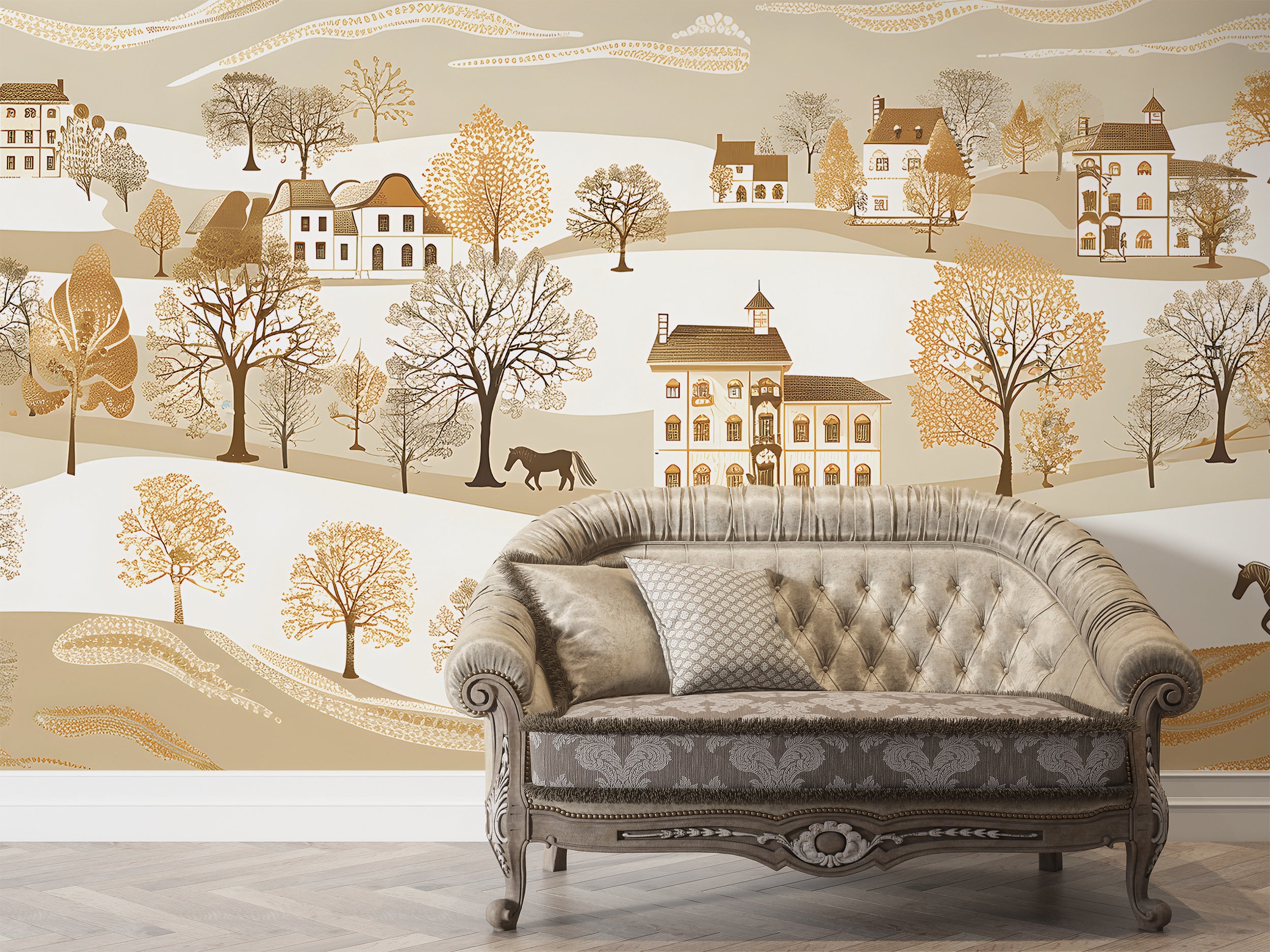 Beige Landscape with Houses and Trees Wallpaper, Seamless Horizontal Pattern Mural, Watercolor Classic Wall Art, Peel and Stick Traditional Village Mural