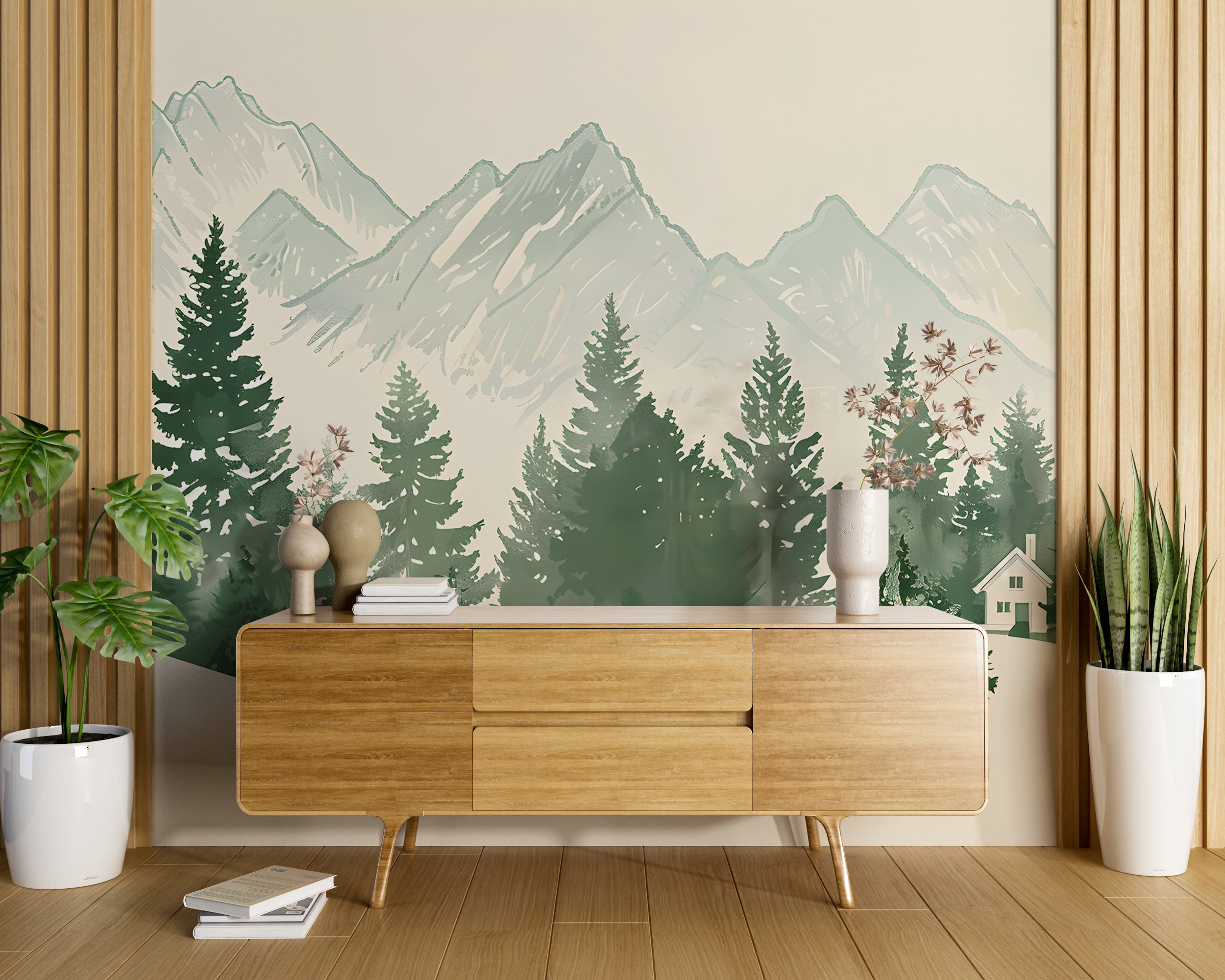 Monochrome Mountains and Forest Mural, Green and White Landscape Wallpaper, Self-adhesive Seamless Mountain Pattern, Removable Nature Decal