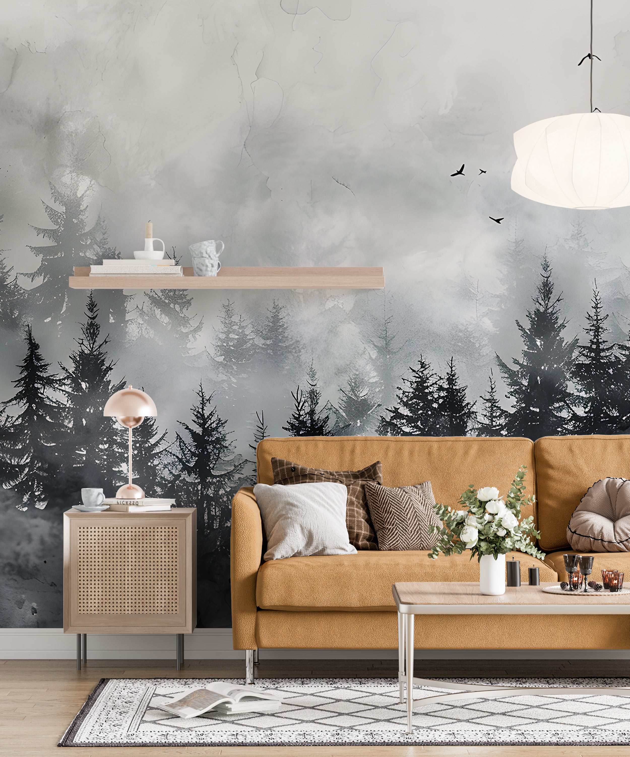 Black Foggy Forest Mural, Dark Watercolor Pine Tree Forest Wallpaper, Peel and Stick Clouds, Removable Birds and Trees Black & White