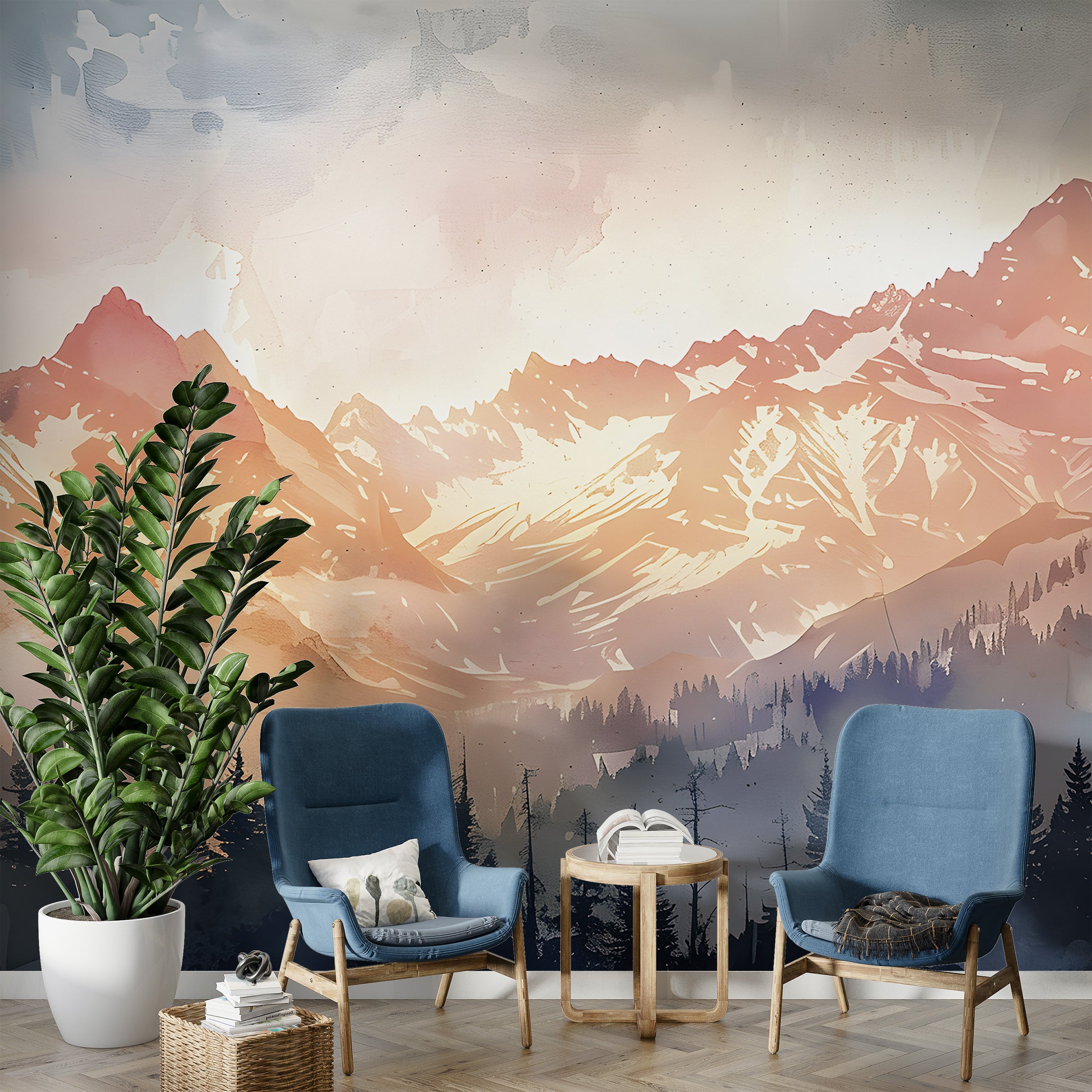 Watercolor Mountain Sunset Wallpaper, Colorful Mountains and Forest Mural, Peel and Stick Orange Landscape Nursery Decal, PVC-free