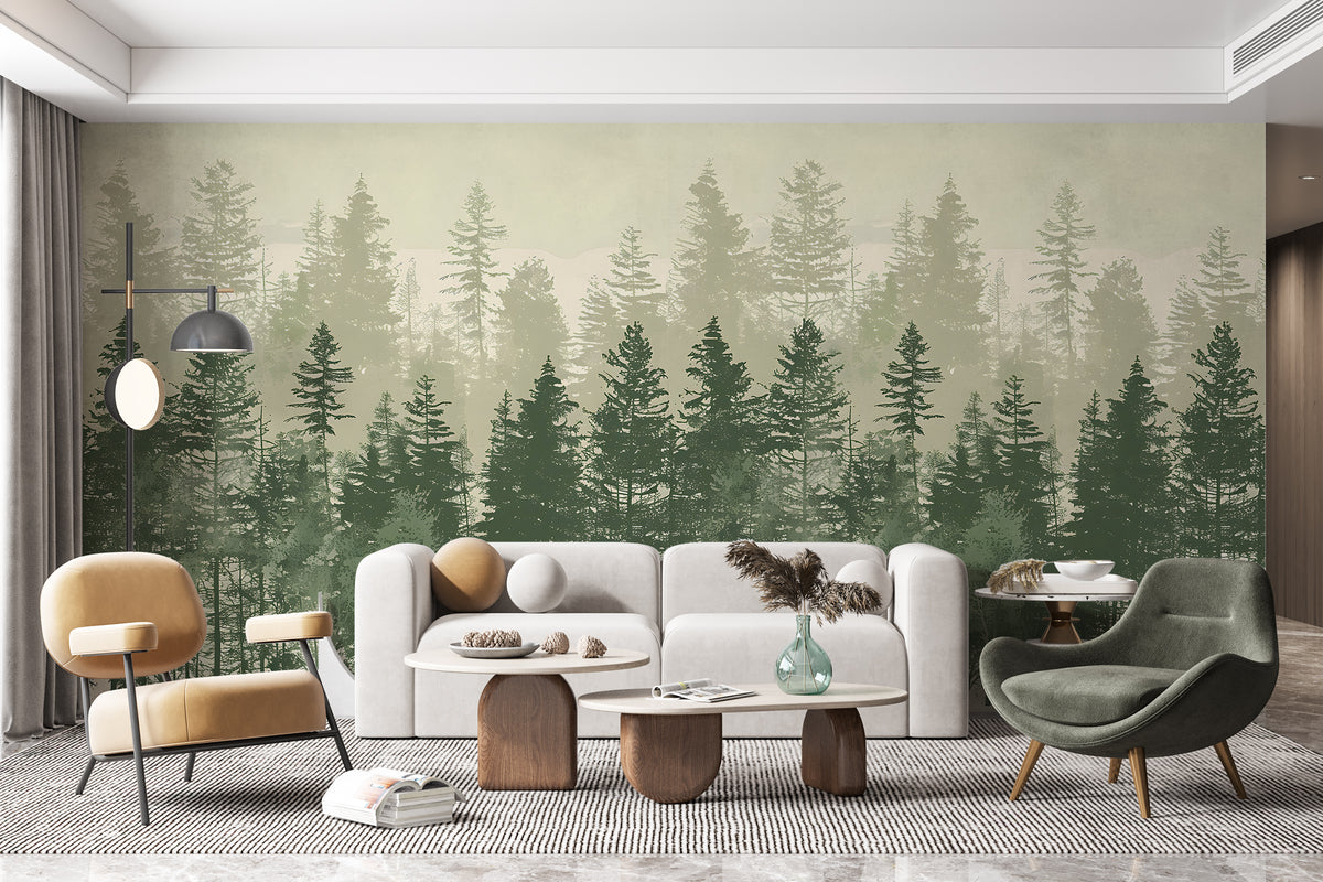 Pine Tree Forest Wallpaper - Green and Beige Removable Mural