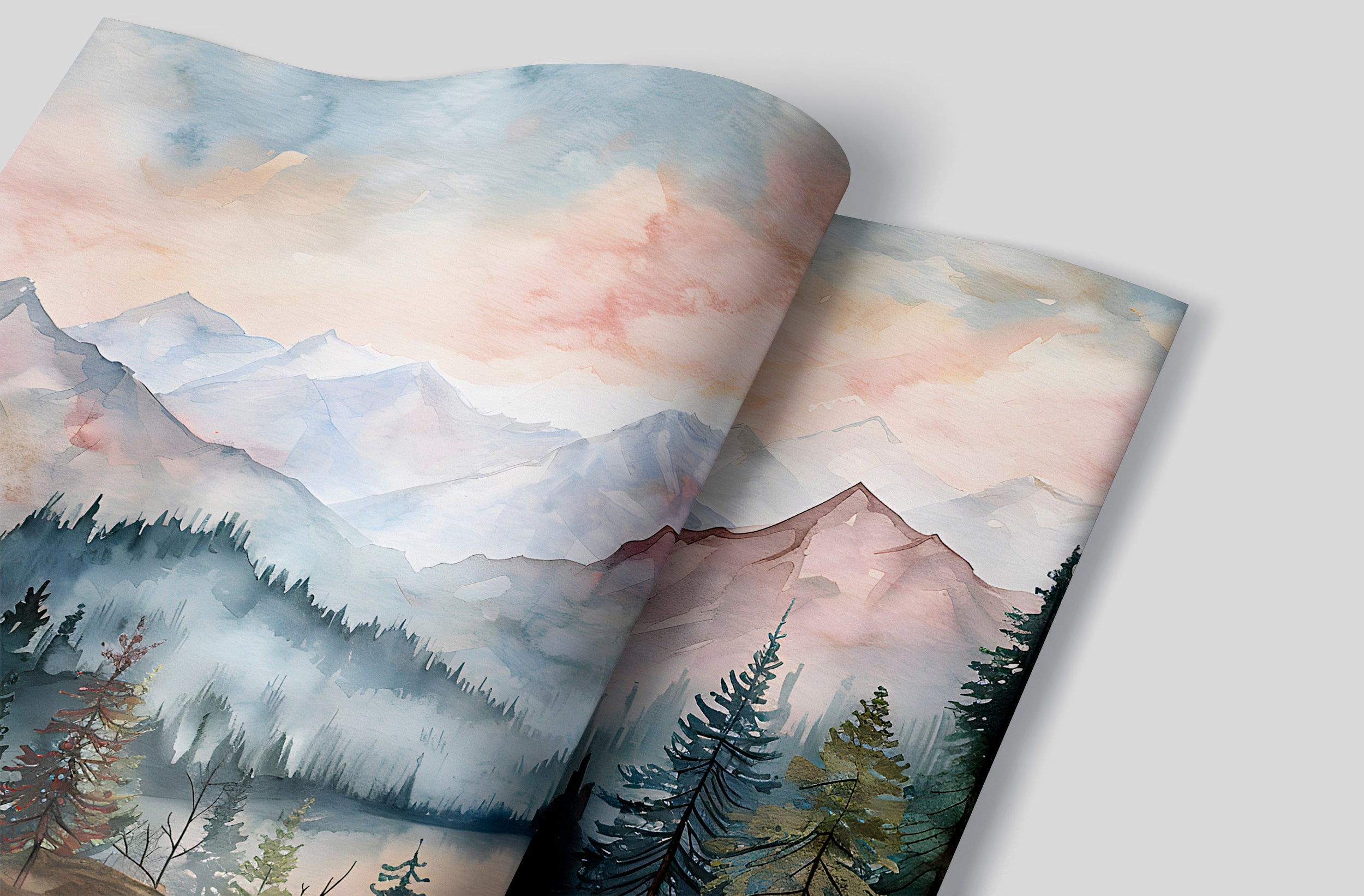 Watercolor Wild Nature Landscape Mural, Mountains and Forest Wallpaper, Peel and Stick Mountain Valley Decal, Colorful Nursery Landscape Wall Art