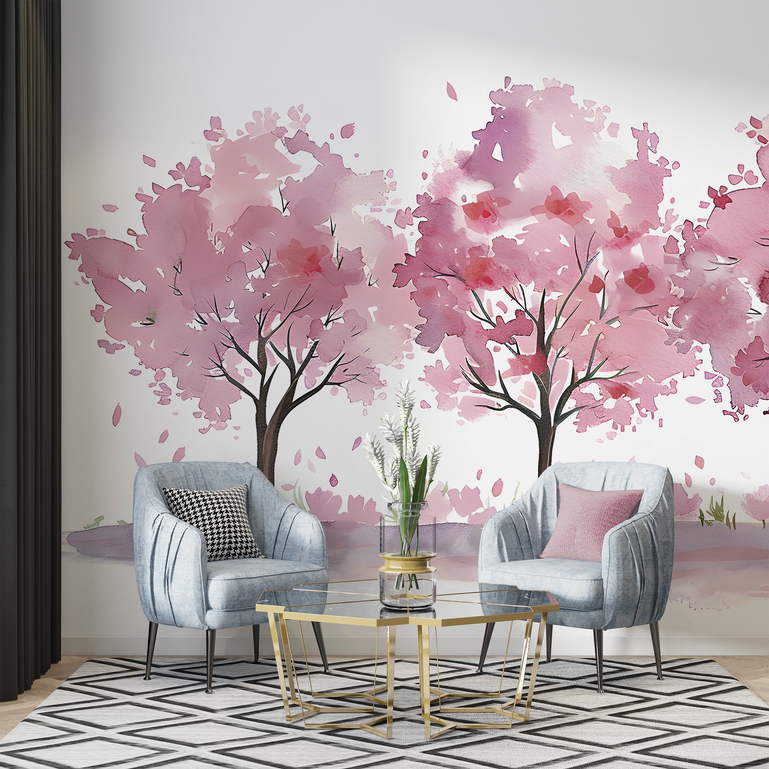 Nursery Pink Trees Mural, Watercolor Three Trees Wallpaper, Peel and Stick Custom Size Removable Kids Wall Decal, PVC-free