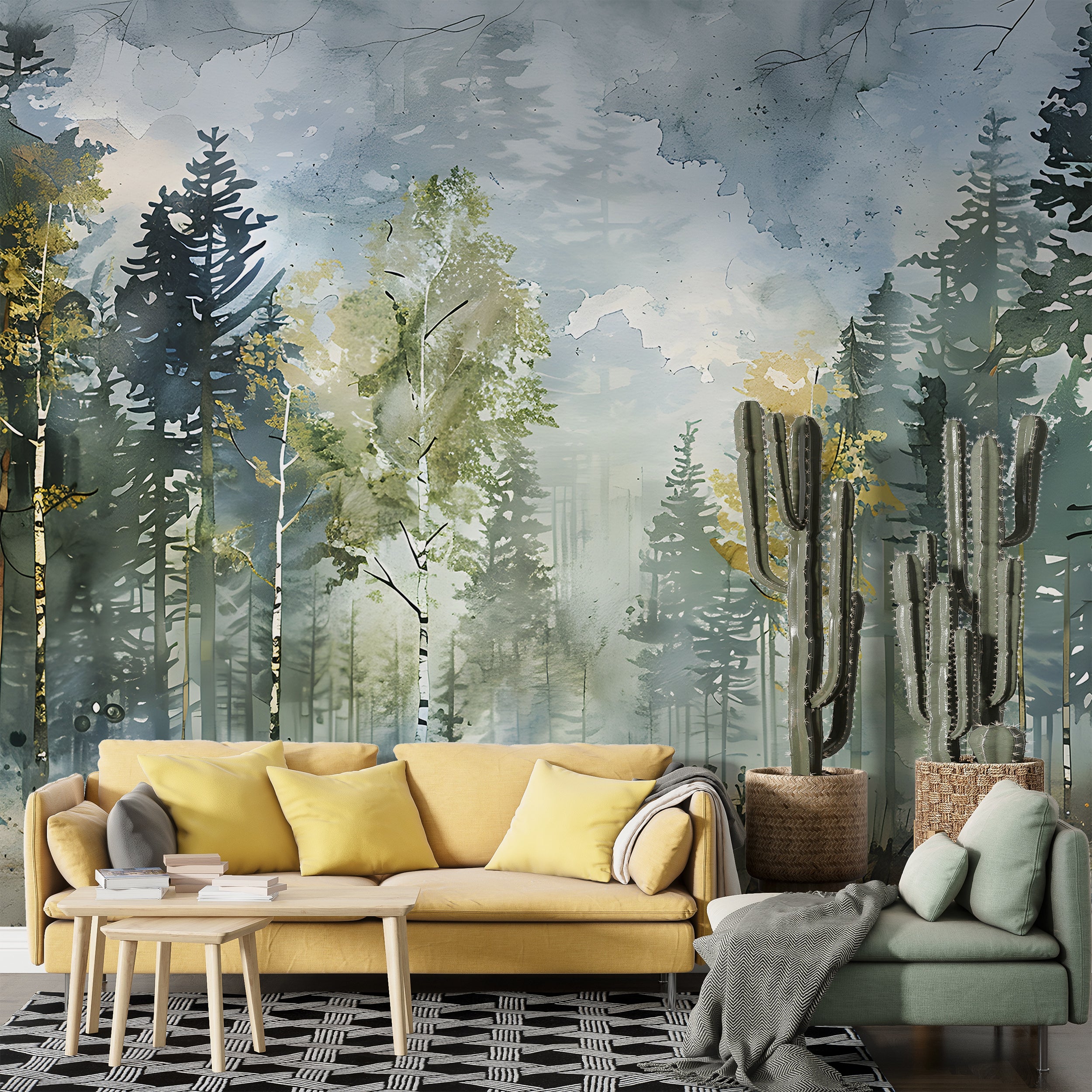 Birch Forest Wallpaper, Watercolor Woodland Mural, Pastel Colors Trees Wall Art, Peel and Stick Birches Decal, Removable Wild Nature Wallpaper