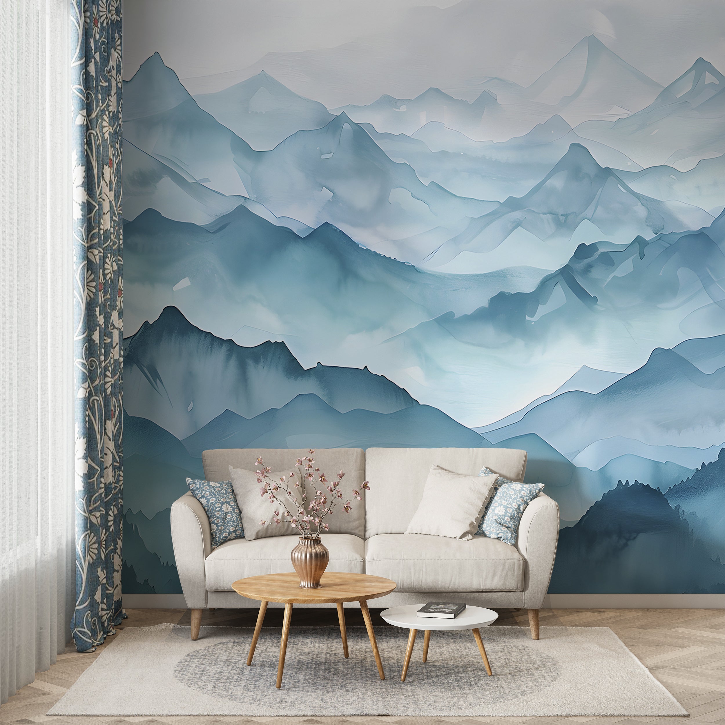 Abstract Blue Mountains Mural, Peel and Stick Foggy Mountain Wallpaper, Watercolor Misty Landscape Art, Nursery Blue Nature Decal