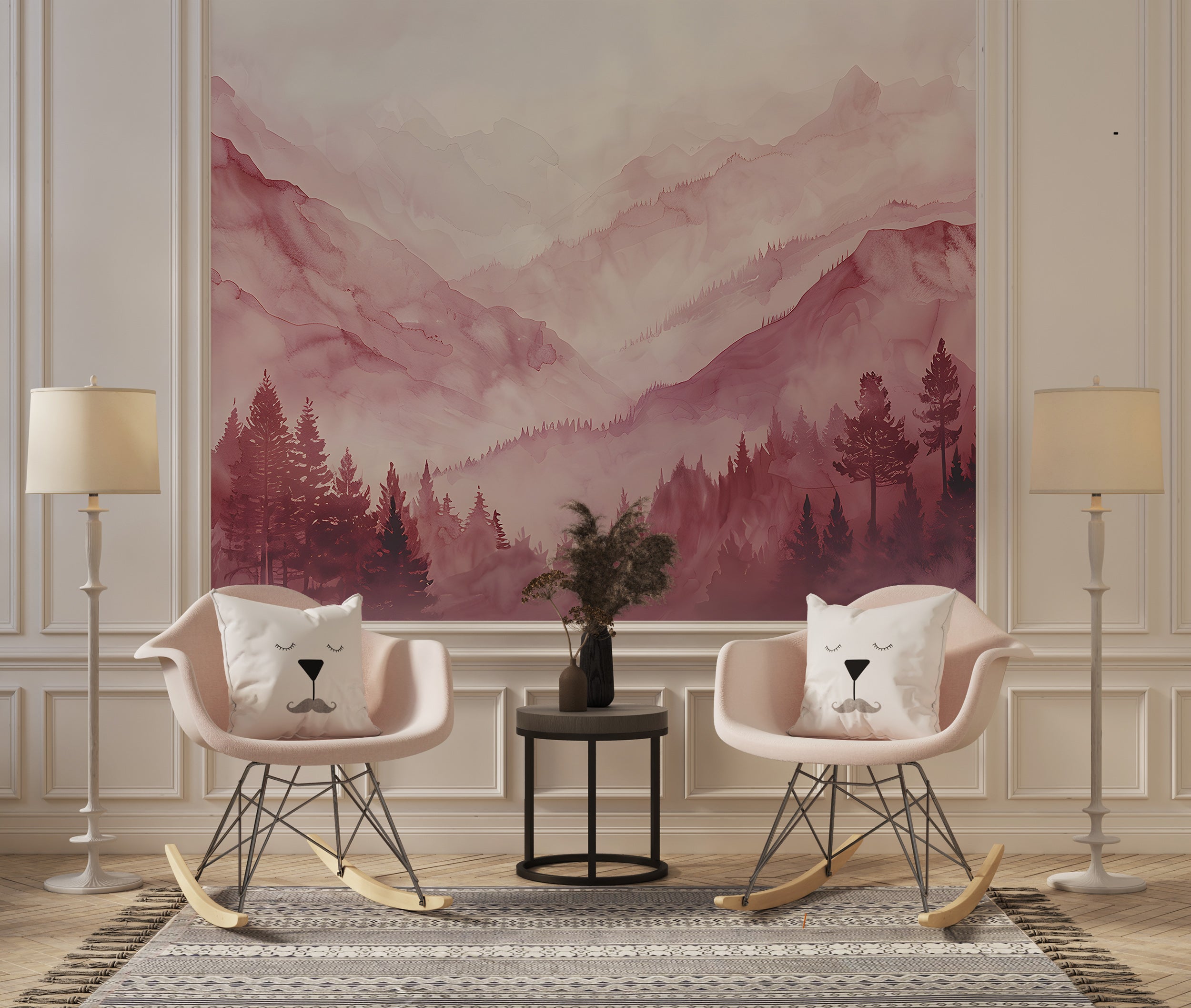 Pink Nursery Landscape Wallpaper, Watercolor Mountain View Mural, Peel and Abstract Stick Forests and Mountains Wall Mural, Soft Pink Nature Art