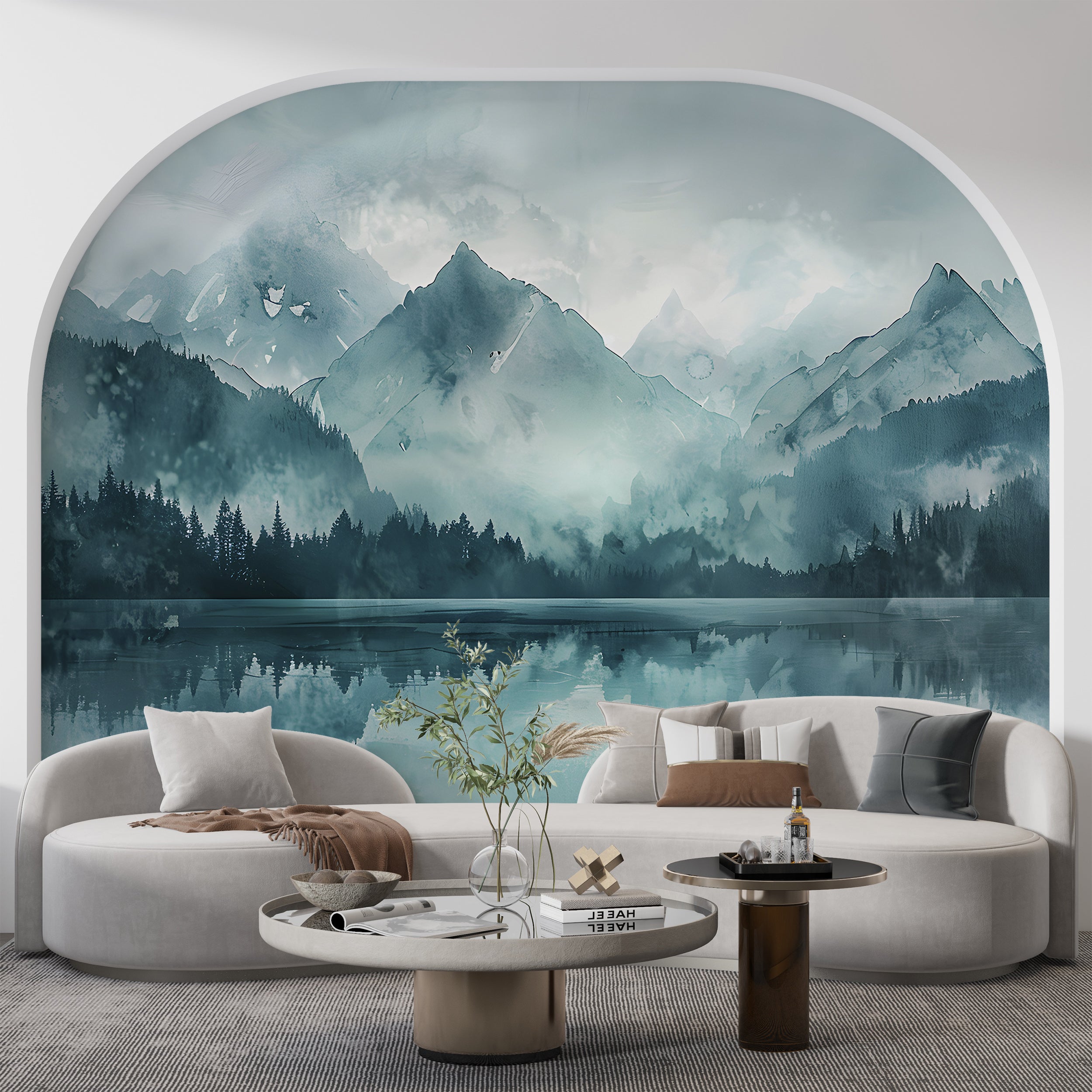 Mountain Lake in Mint Colors Mural, Watercolor Forest and Mountains Wallpaper, Peel and Stick Green Lake Landscape Art, Abstract Nature Decor