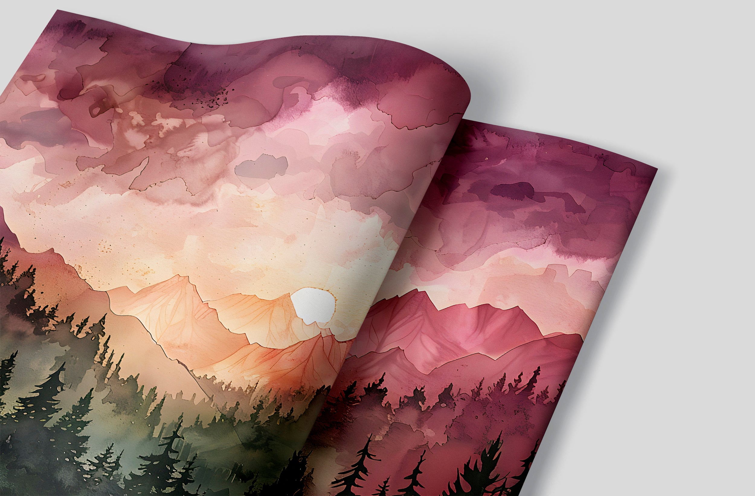 Pink and Orange Mountain Sunset Mural, Watercolor Mountains and Forest Landscape Wallpaper, Colorful Nursery Nature Wall Art