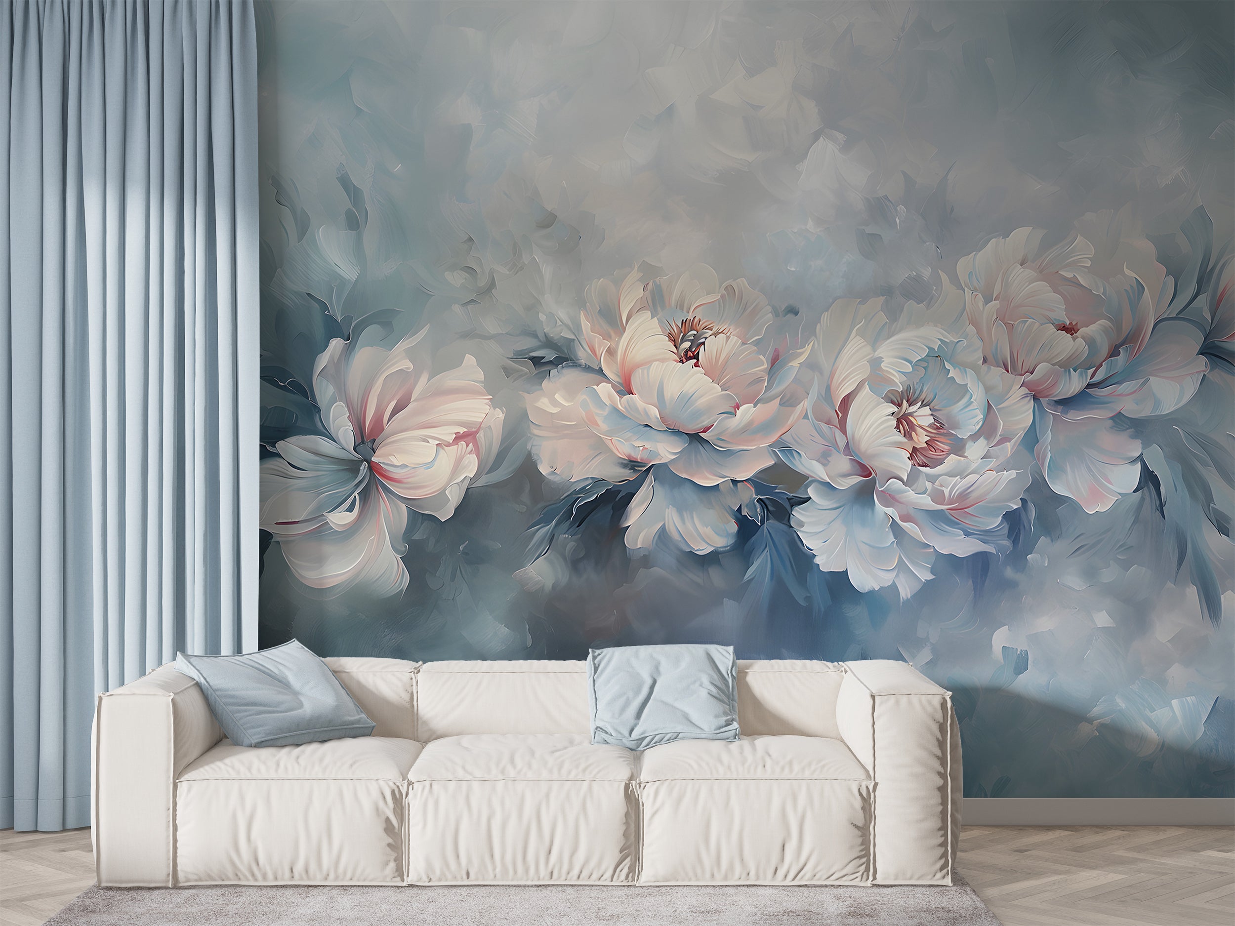 Abstract Floral Blue Mural, Watercolor Peonies Wallpaper, Peel and Stick Botanical Art, Blue Peony Abstract Wall Decal, Removable Flowers PVC free