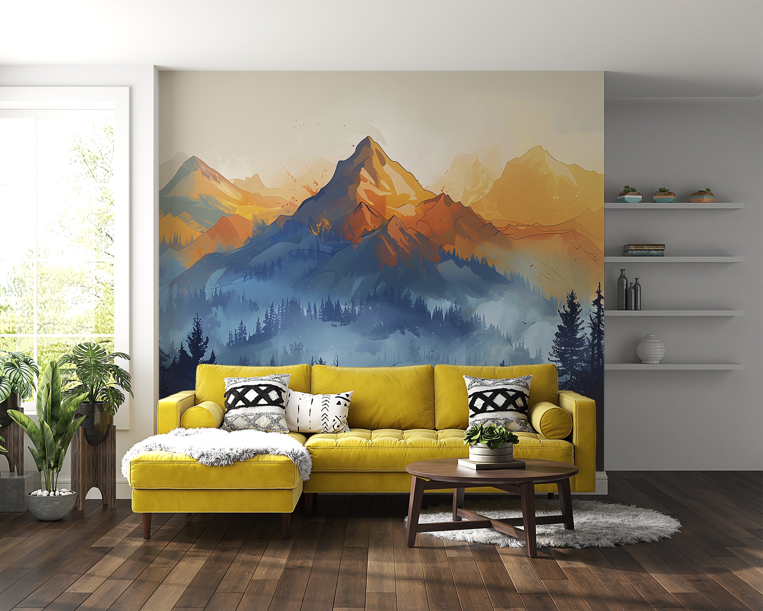 Orange and Blue Watercolor Mural, Peel and Stick Mountain View Wallpaper, Removable Mountains and Forest Landscape, Mountain Sunset Art