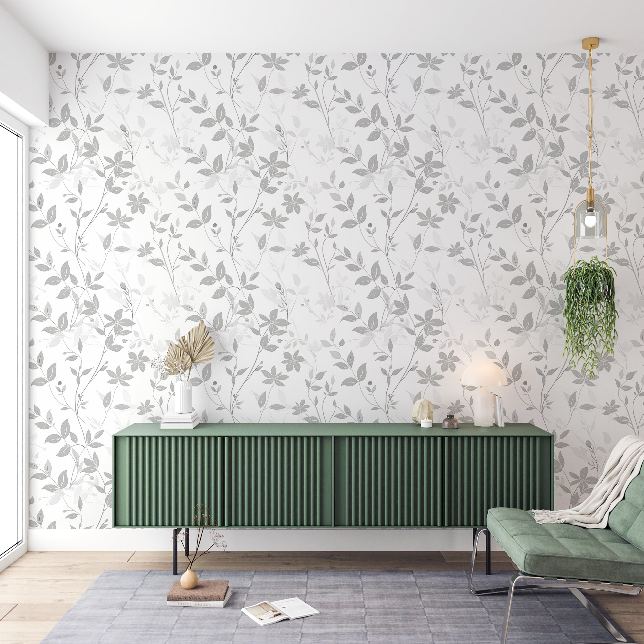 Grey and White Floral Wallpaper, Removable Light Botanical Leaves, Peel and Stick Delicate Tree Flowers Decal, Soft Shades of Grey Floral Pattern