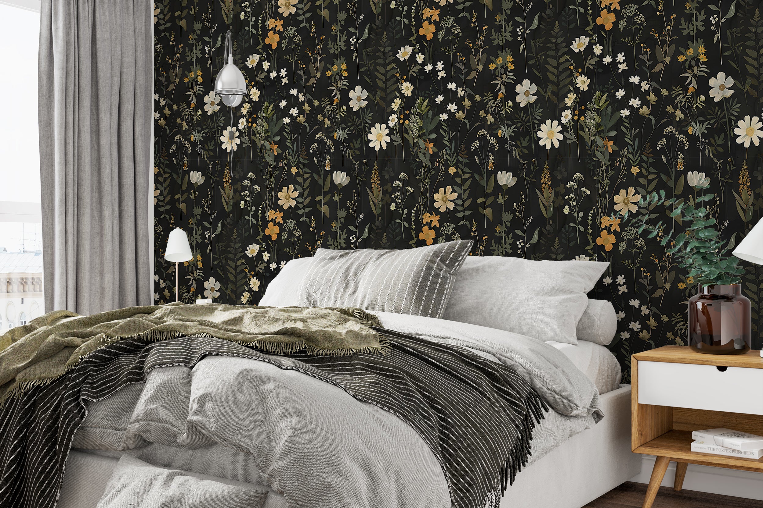 Meadow Flowers Dark Wallpaper, Fern Wall Decor, Peel and Stick Botanical, Dark Floral Decal, Removable Flower and Leaves on Black Background