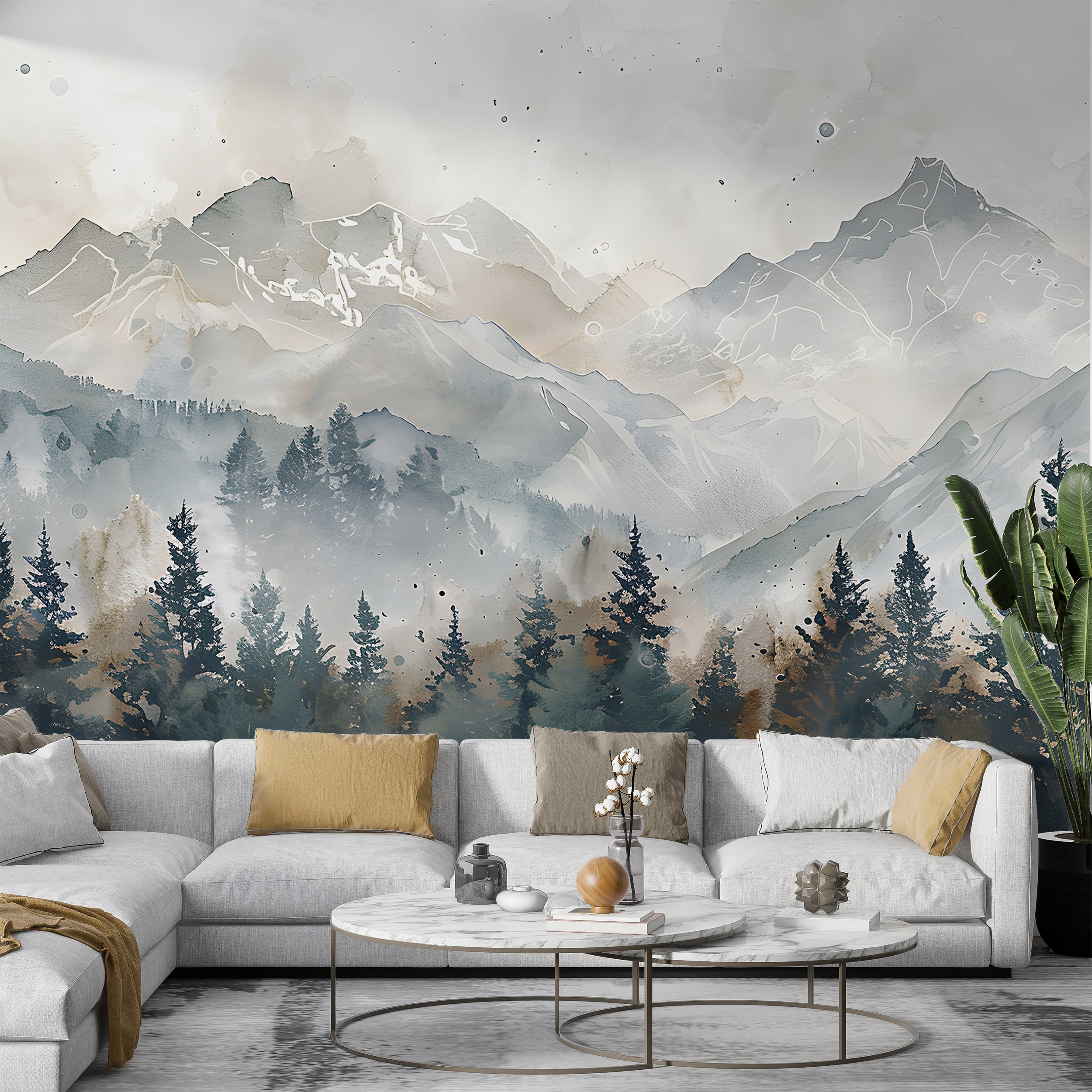 Forest and Mountains in Watercolor Style Mural, Grey Cloudy Mountain Landscape, Peel and Stick Pine Forest Natural Colors Wall Decor, Removable Wall Art