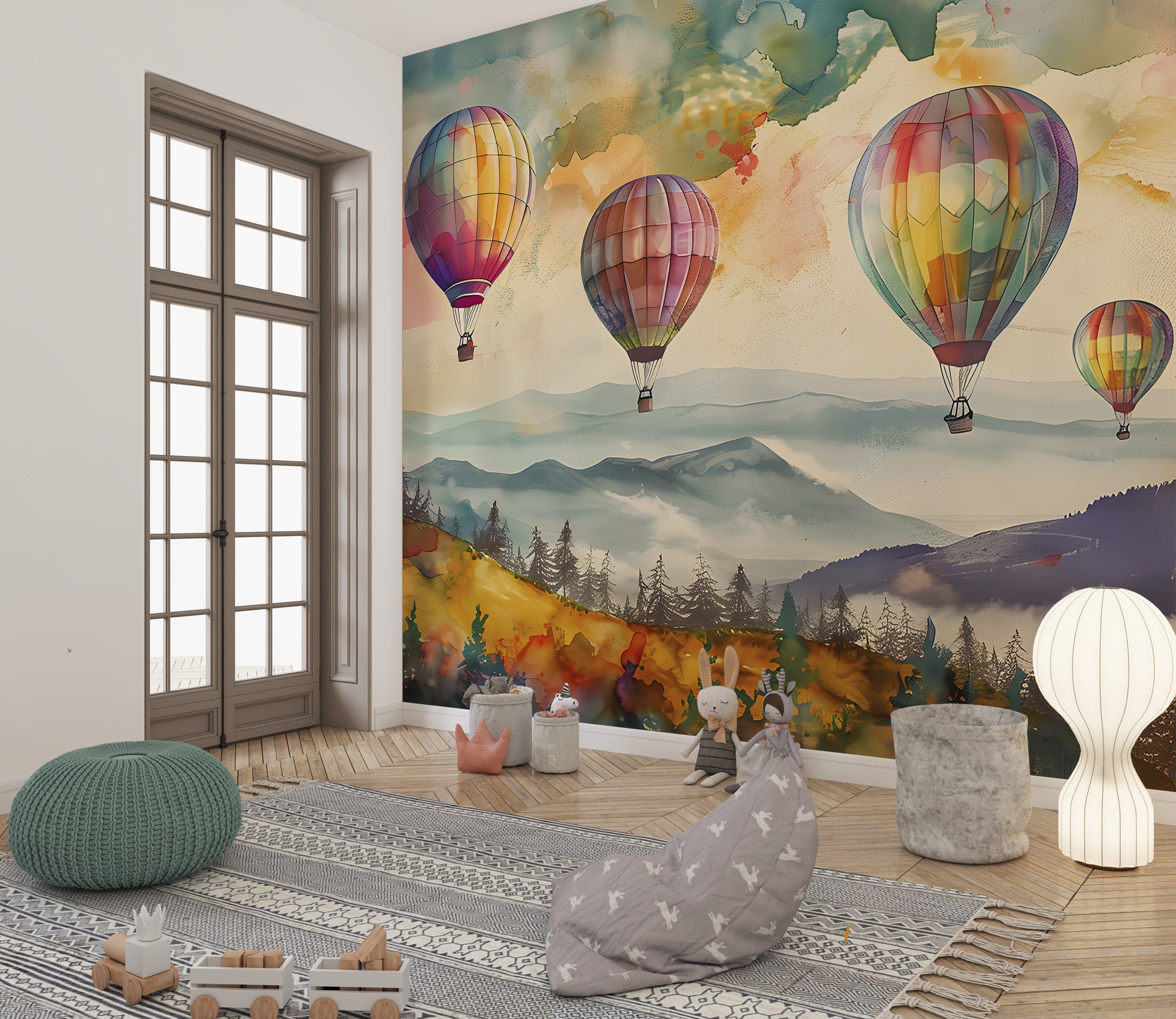 Colorful Hot Air Balloons Mural, Peel and Stick Watercolor Landscape, Nursery Multicolor Wall Decal, Mountains and Forest Kids Room PVC Free