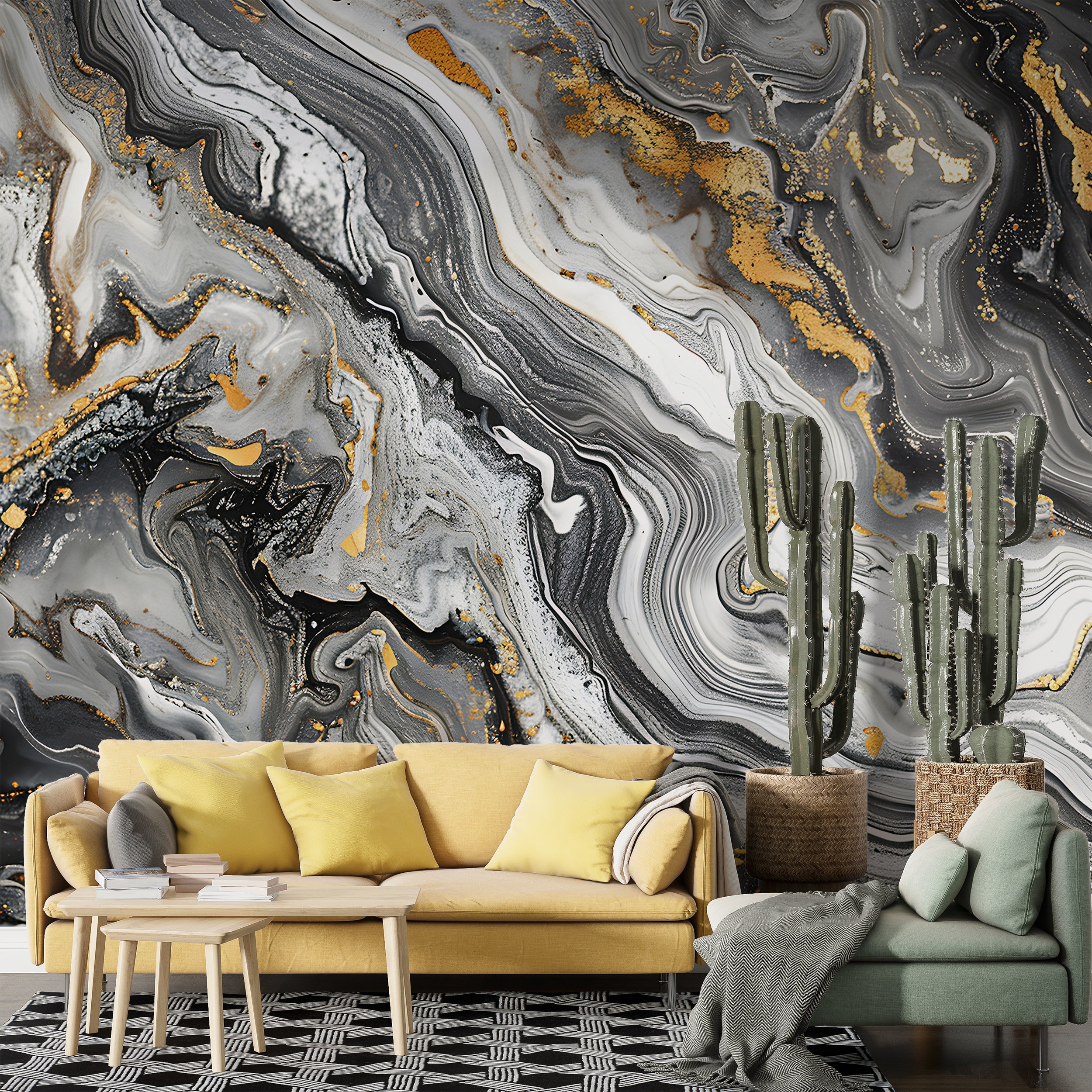 Black Grey and Gold Alcohol Ink Mural, Peel and Stick Dark Marble Wallpaper, Removable PVC-free Abstract Decor, Unique Custom Size Art