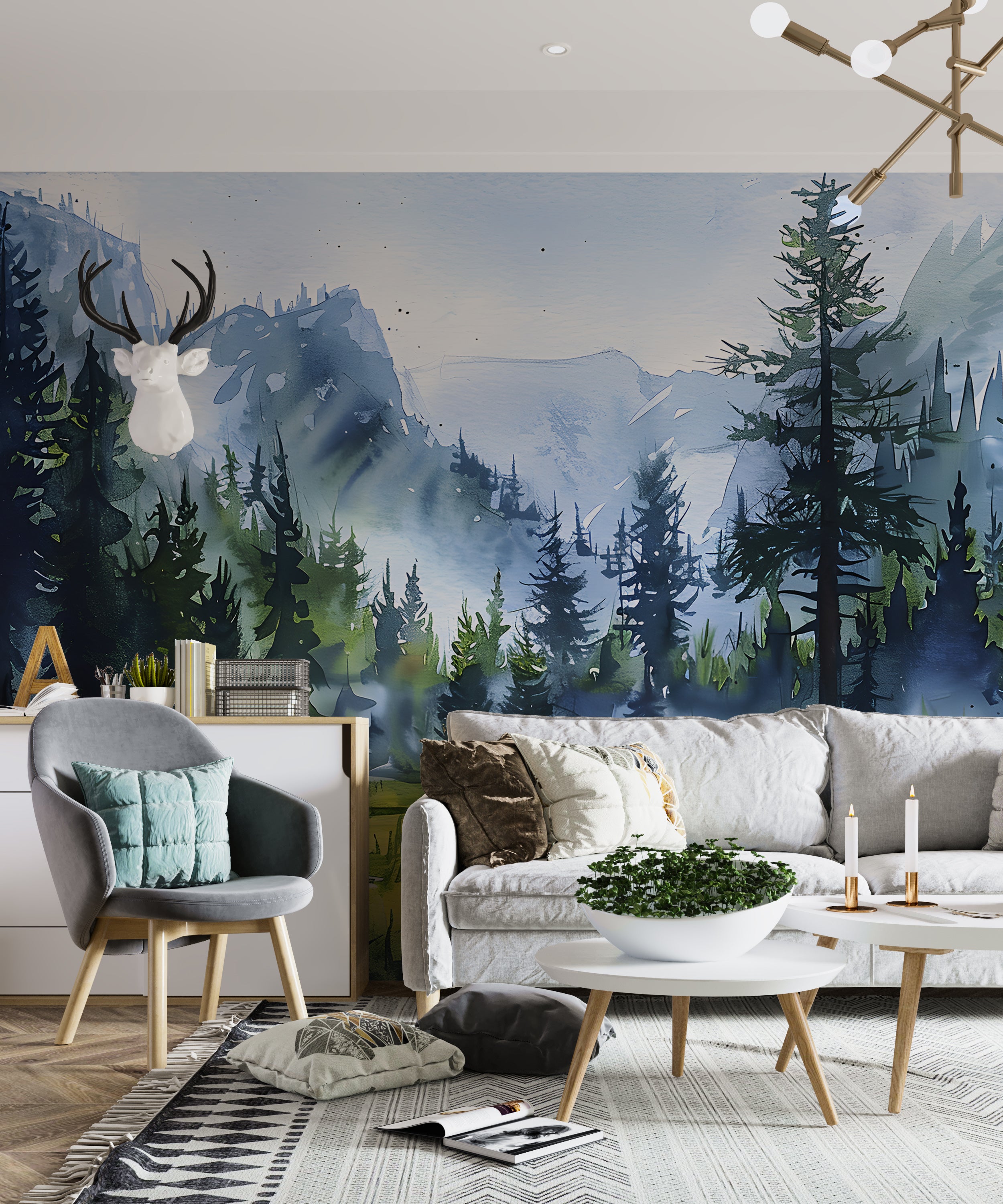 Watercolor Nature Wall Mural, Peel and Stick Mountain Landscape Art, Wild Forest Wallpaper, Removable Custom Size National Park Decal