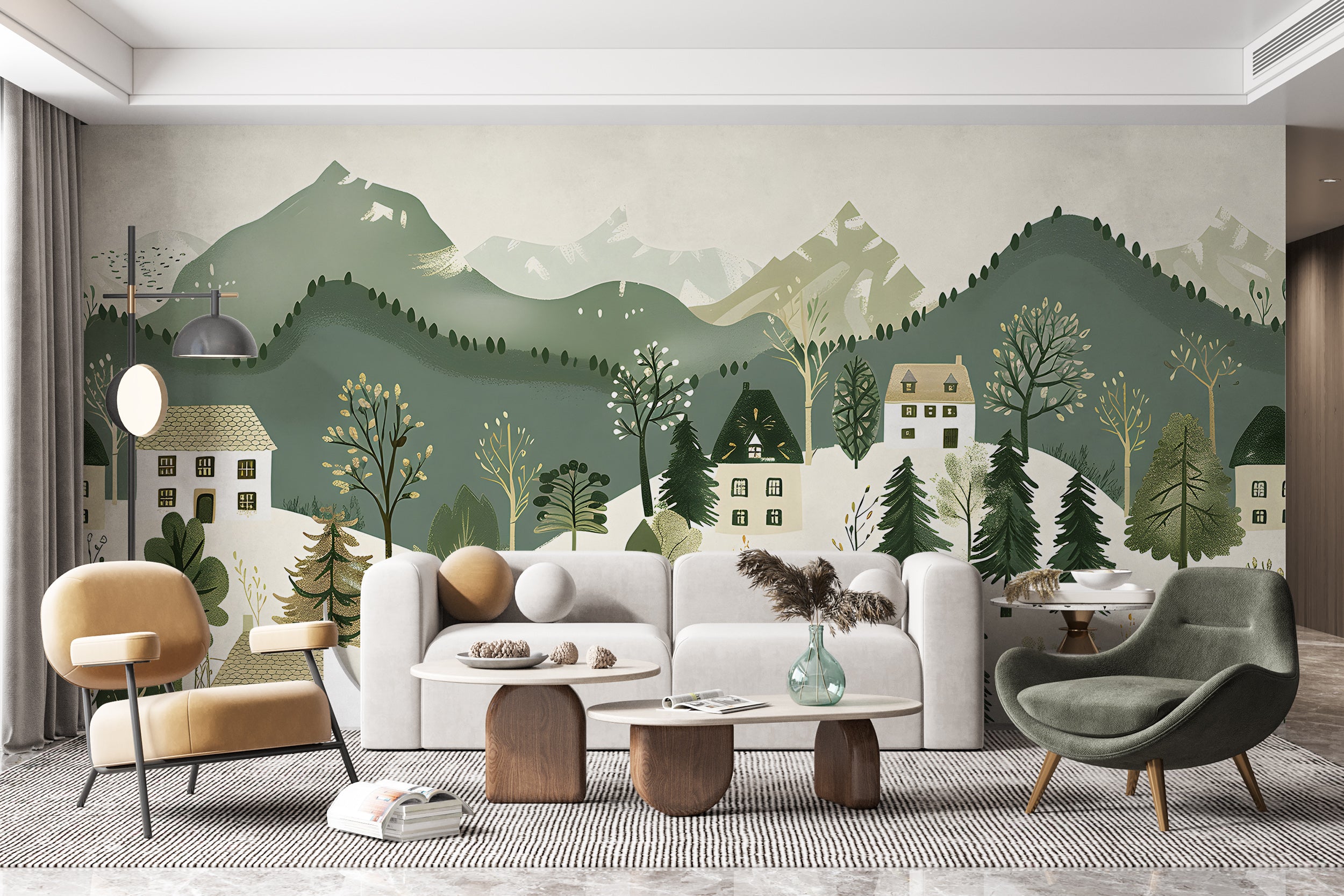 Green and Beige Forest Village Mural, Peel and Stick Mountains Trees and Houses Wallpaper, Removable Horizontal Seamless Pattern Wall Decor
