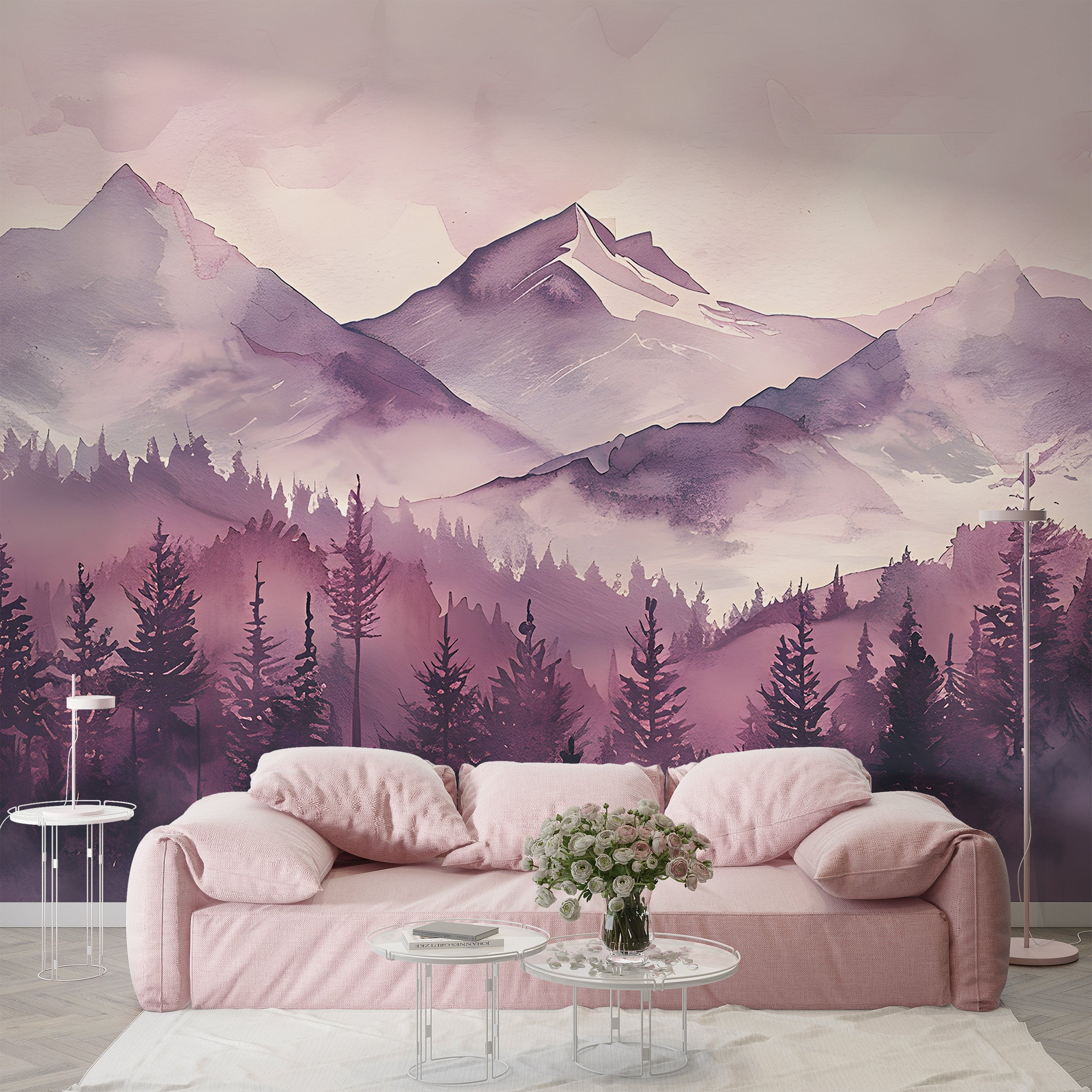 Soft Pink Mountains and Forest Mural, Peel and Stick Watercolor Mountains Landscape Wallpaper, Nursery Removable Custom Size Decor