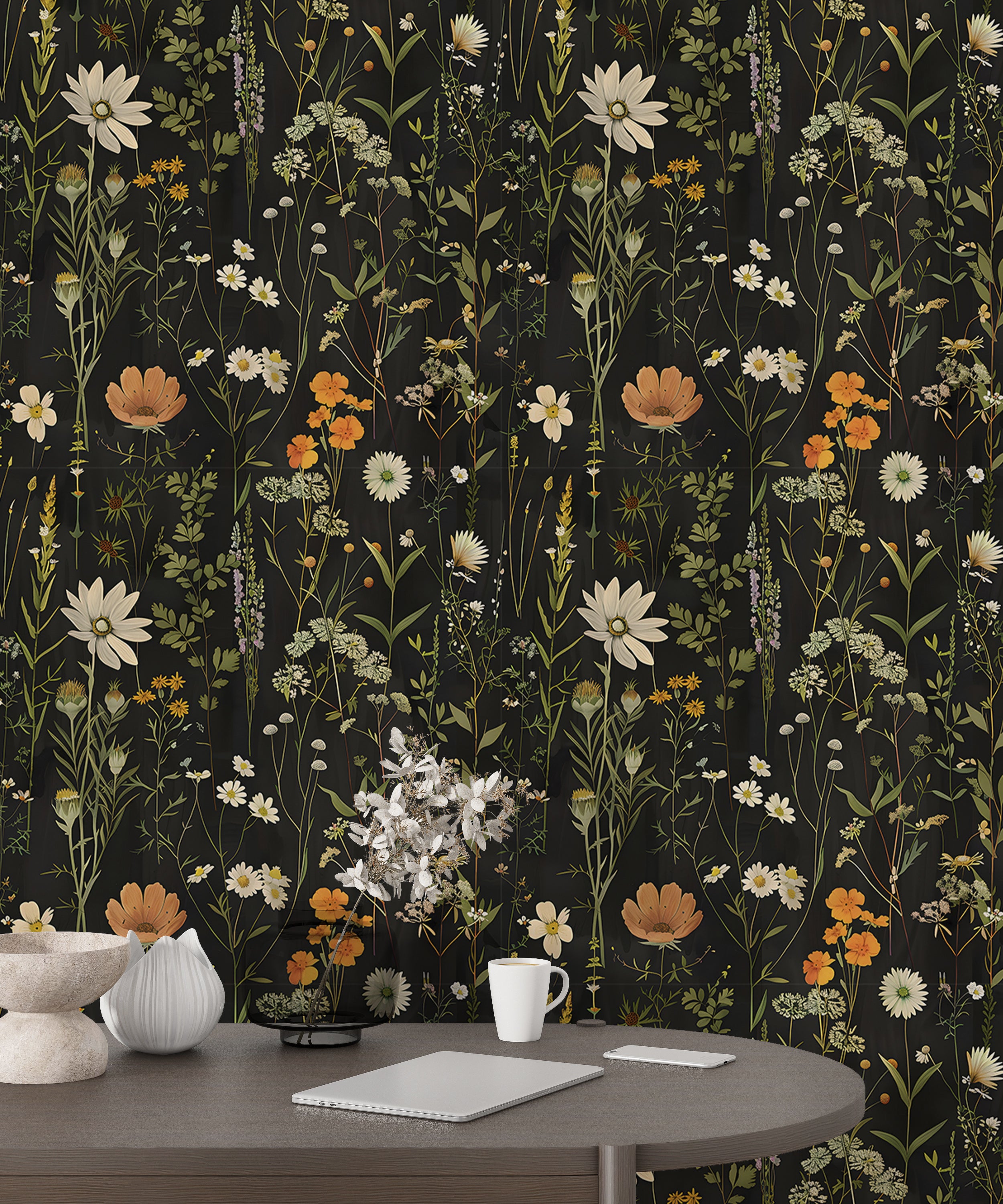 Meadow Flowers Wallpaper, Dark Botanical Decal, Peel and Stick Dark Floral, Vintage Flower Wallpaper, Removable Wild Flowers Black Background