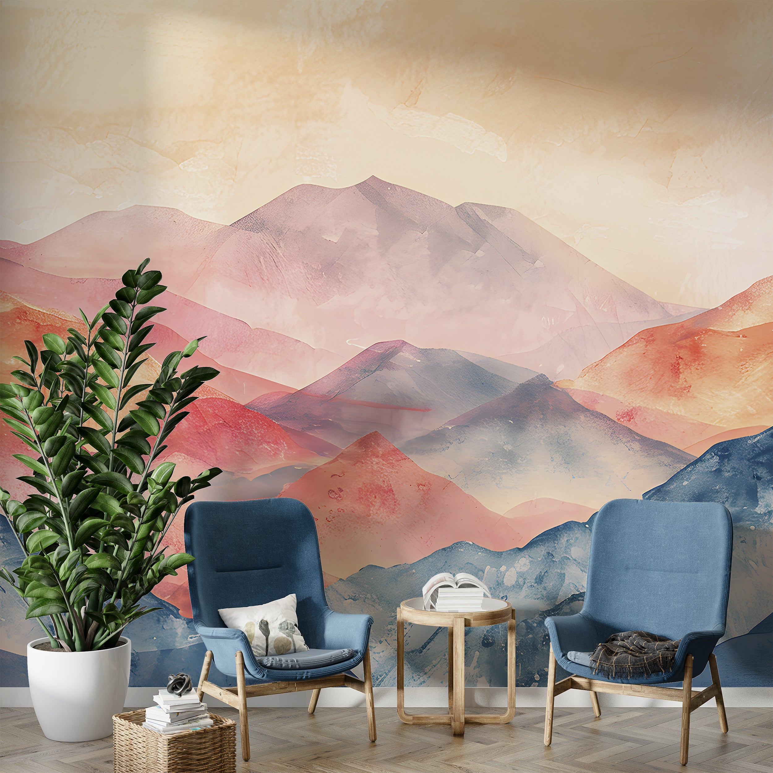 Abstract Mountains Mural, Colorful Peel and Stick Mountain Landscape Wallpaper, Watercolor Modern Style Removable Wall Mural, Custom Size Art