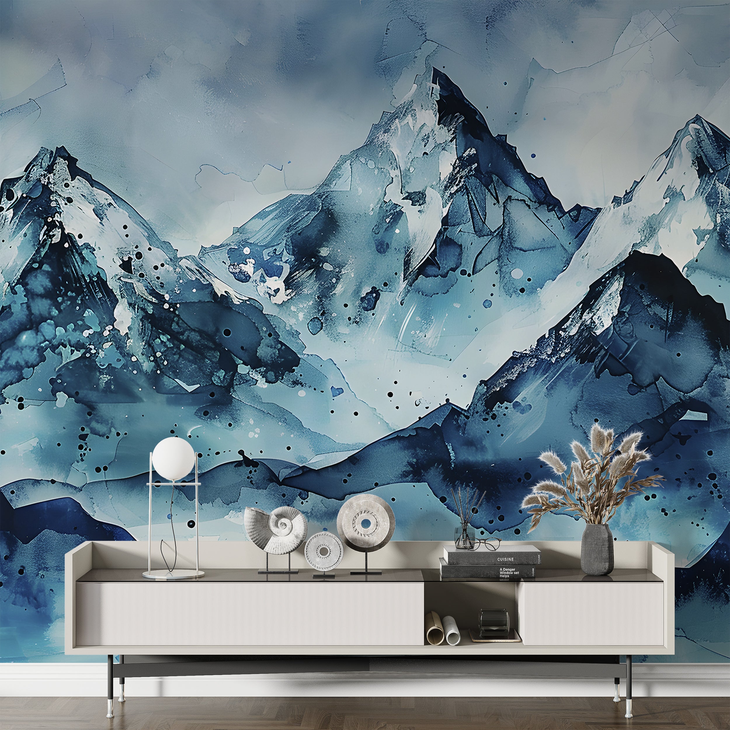 Snowy Mountains Mural, Abstract Blue Mountains Wall Art, Peel and Stick Cold Blue Wallpaper, Watercolor Removable Iced Landscape Decal