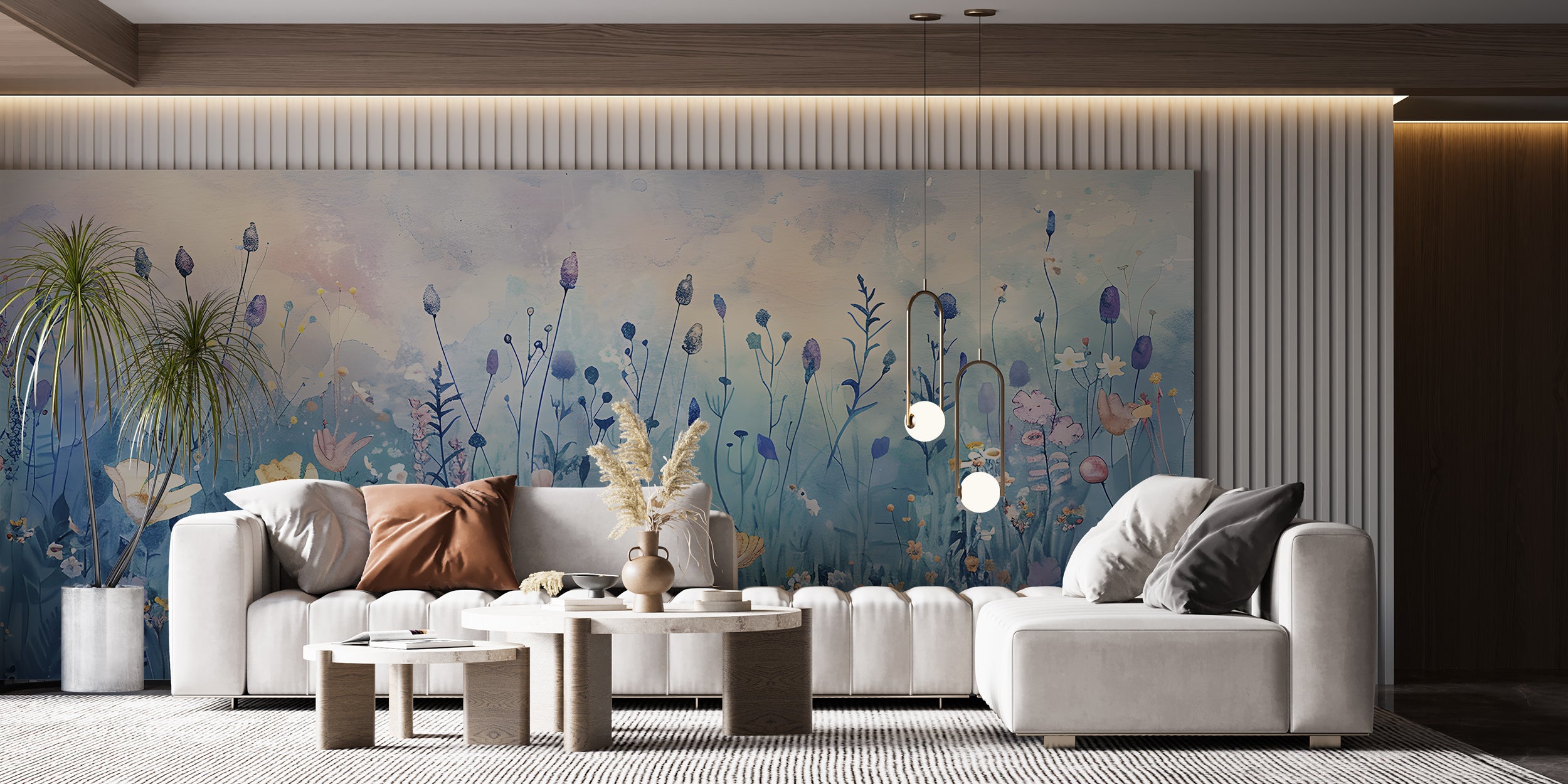 Blue Meadow Flowers Mural, Watercolor Flower Field Wallpaper, Pastel Colors Peel and Stick Floral Wall Mural, Removable Botanical Art, PVC-free