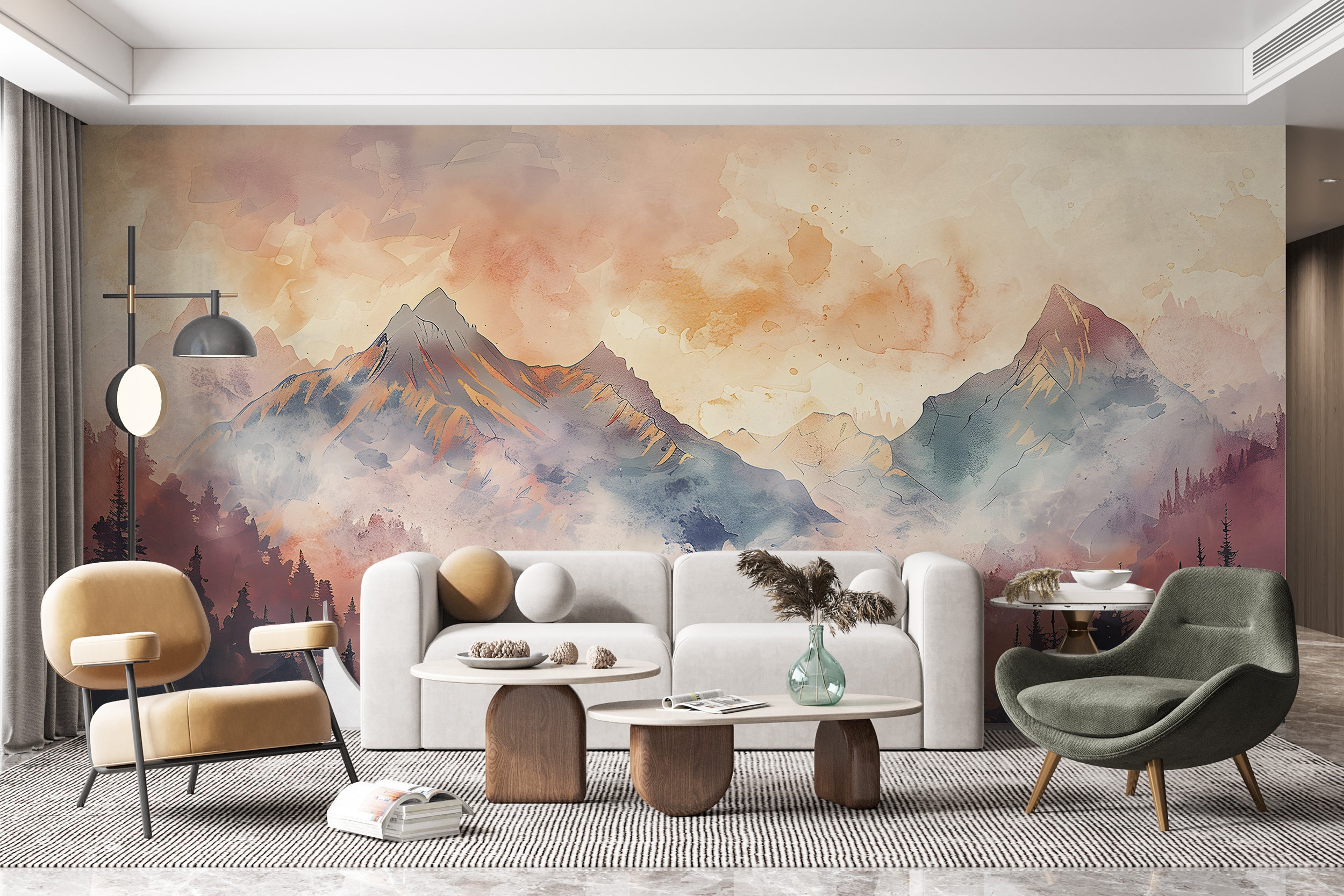 Foggy Colorful Mountains Mural, Watercolor Forest and Mountains Landscape in Pastel Colors, Peel and Stick Orange Misty Mountain Wallpaper