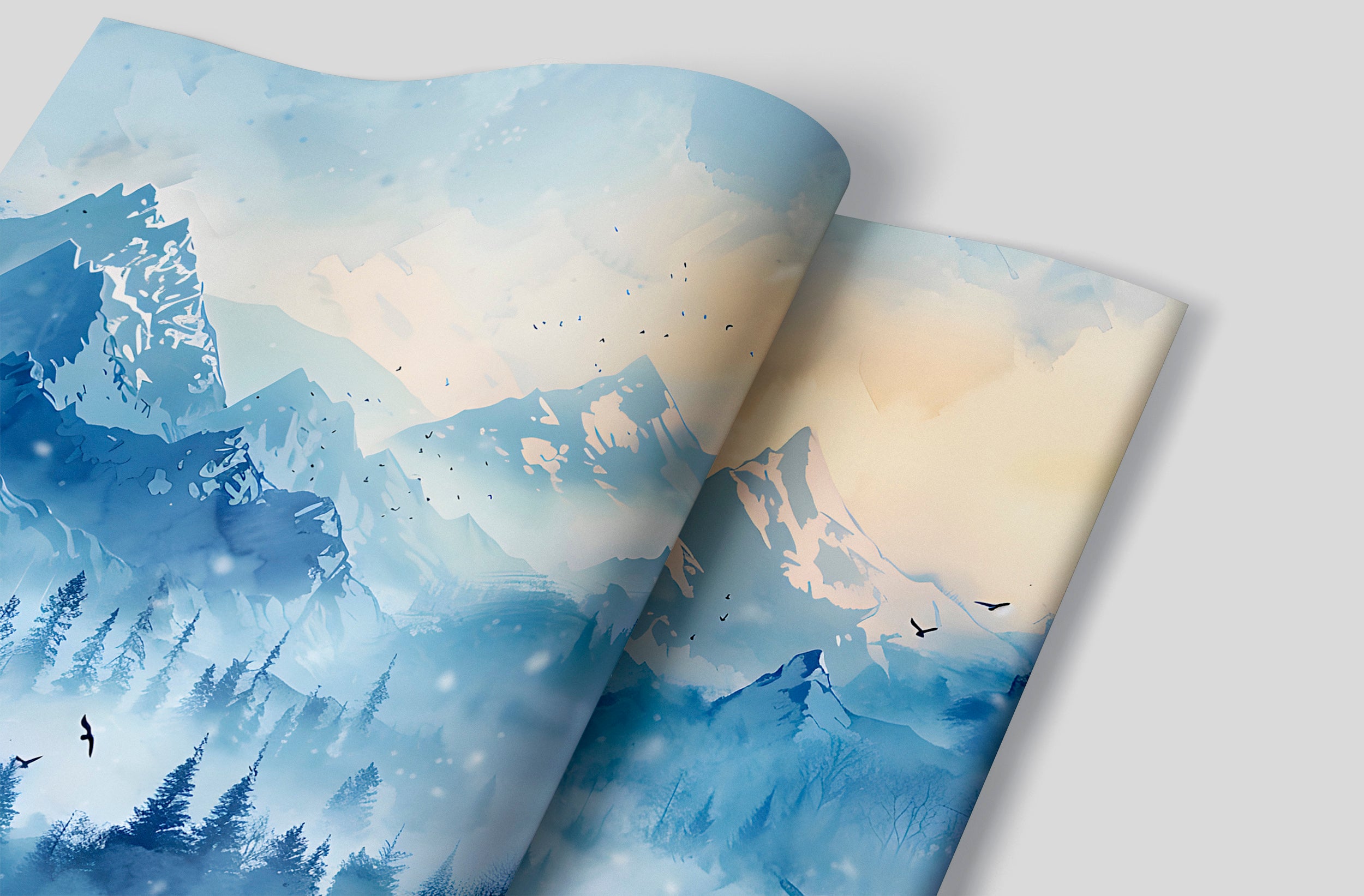 Winter Mountains Mural, Watercolor Blue Mountain and Forest Landscape, Peel and Stick Foggy Nature Wallpaper, Nursery Removable Misty Decal