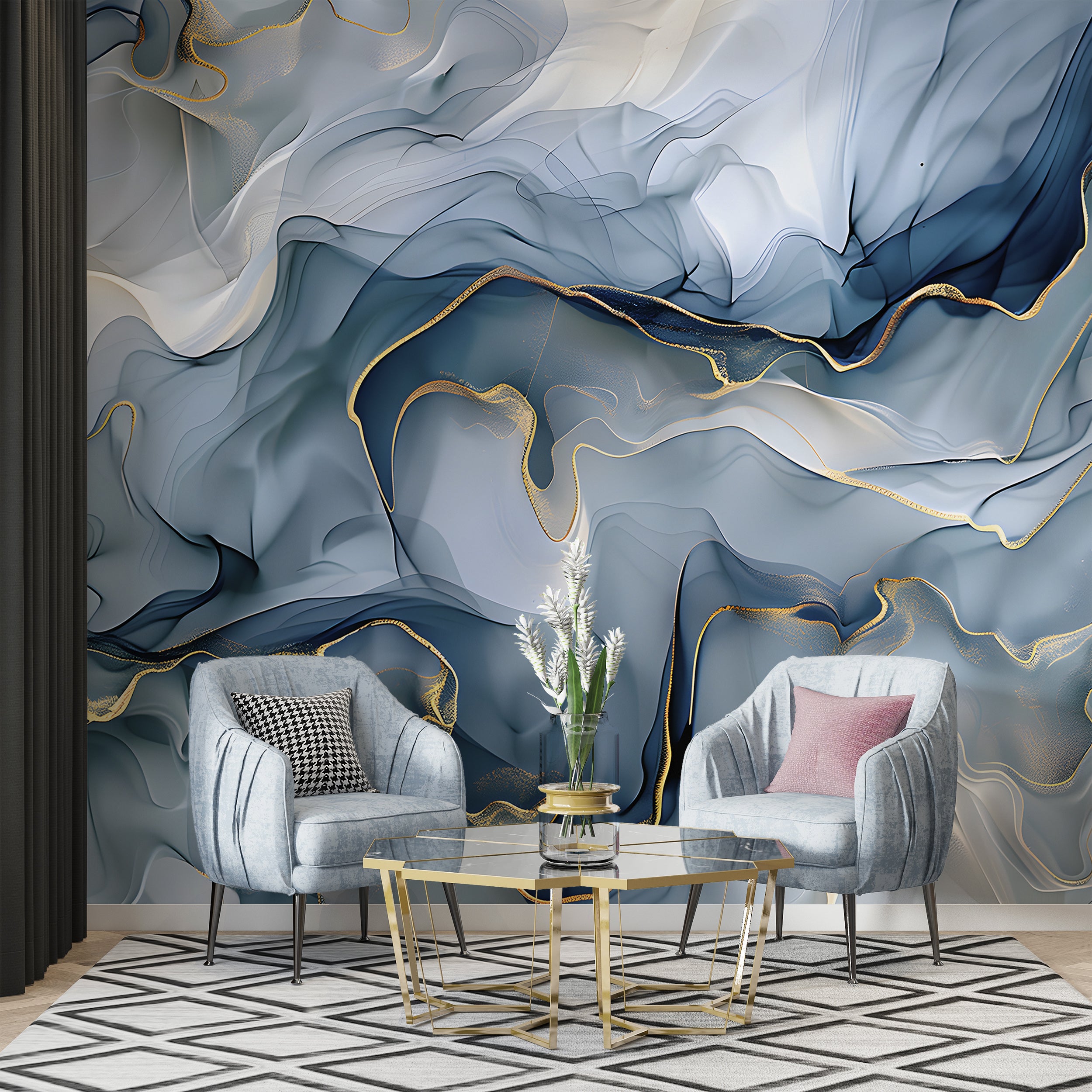 Alcohol Ink Blue Mural, Peel and Stick Abstract Decor, Blue and White Modern Wallpaper, Removable Marble Texture, Unique Watercolor Art