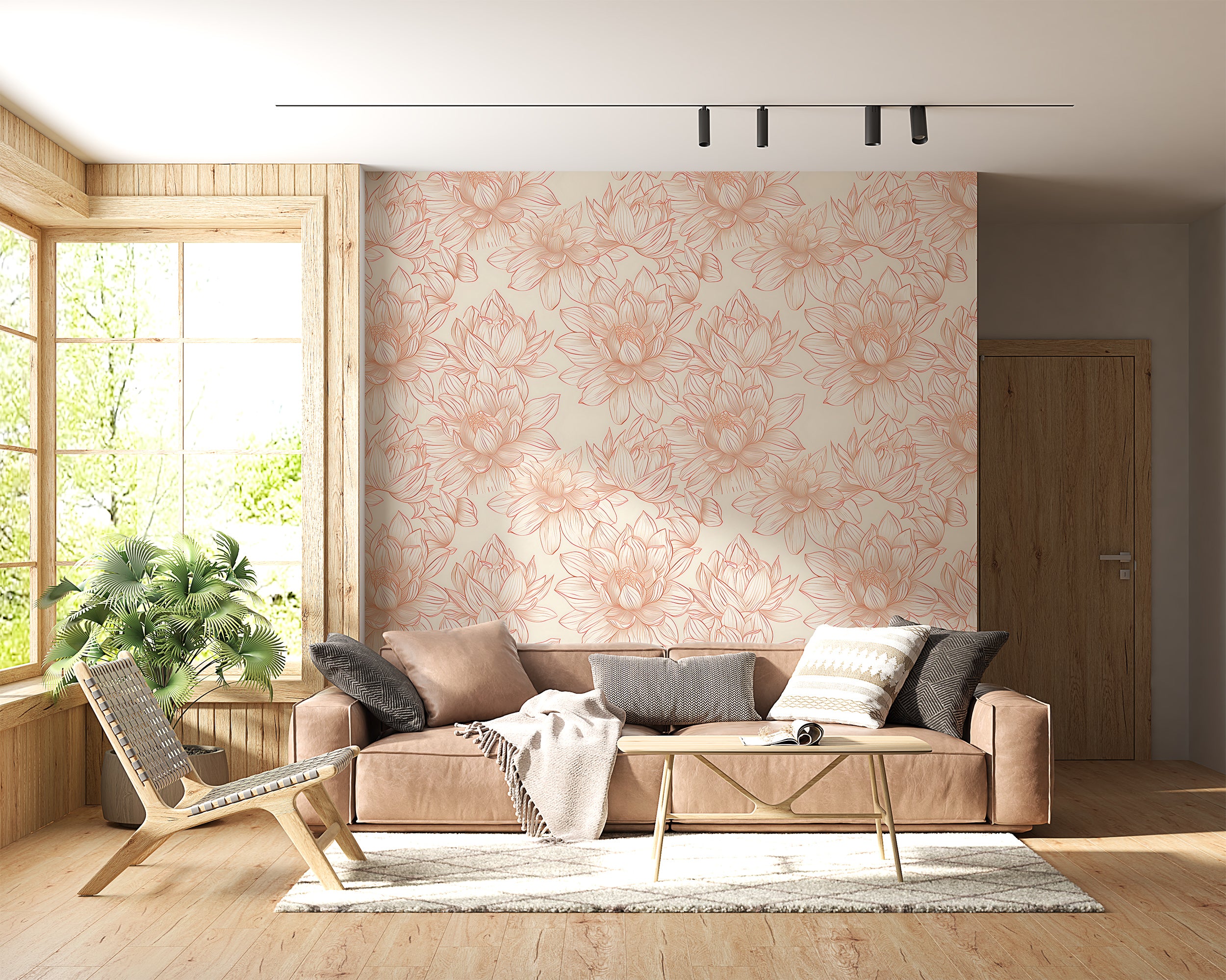 Lotus Flowers Wallpaper, Peel and Stick Pastel Colors Floral Wallpaper, Dusty Rose and Beige Botanical Wall Decor, Removable Flower Pattern Decal