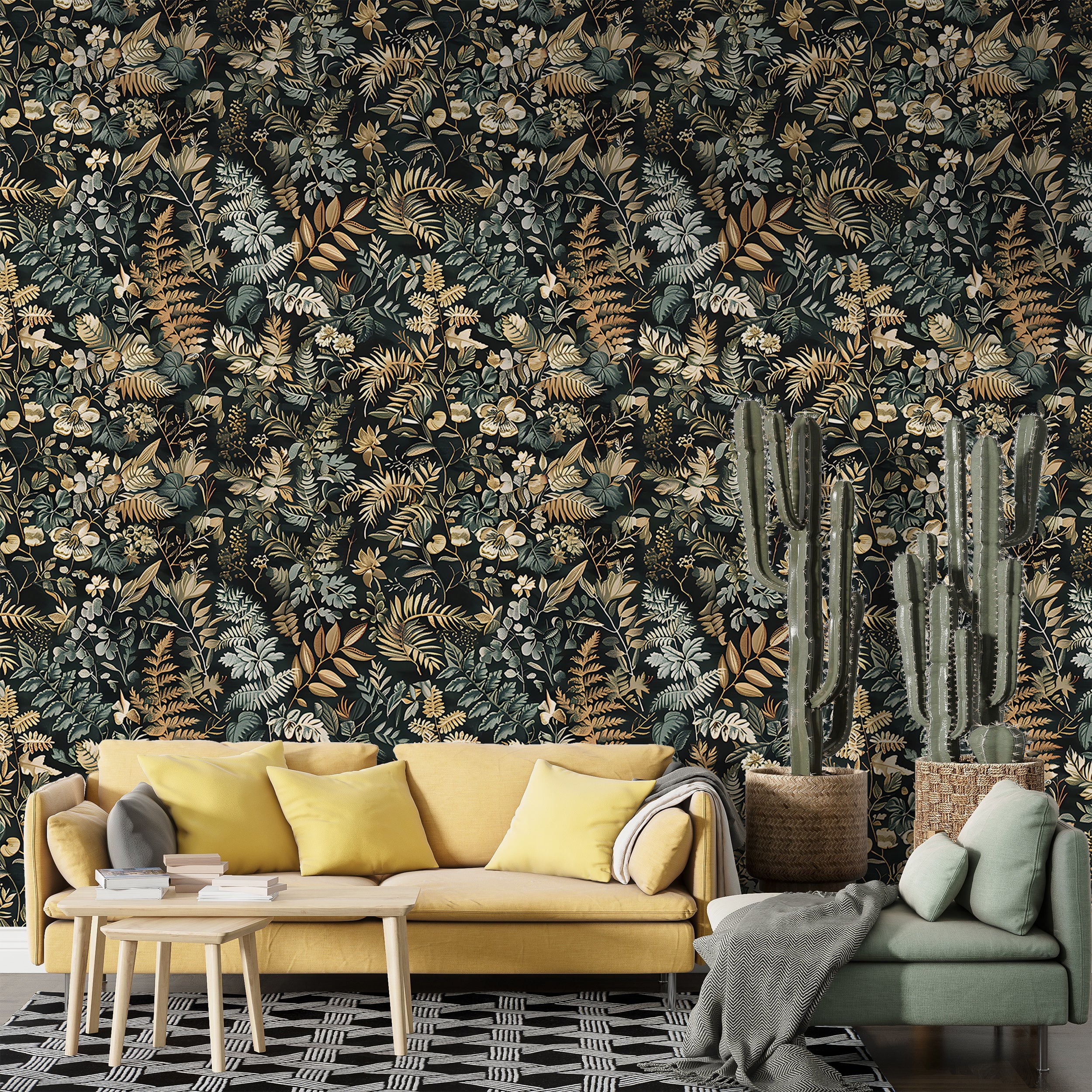 Dark Floral Wallpaper, Peel and Stick Fern Pattern Decal, Wild Flowers and Leaves Wall Decor, Removable Dark Botanical Forest Flower Wallpaper