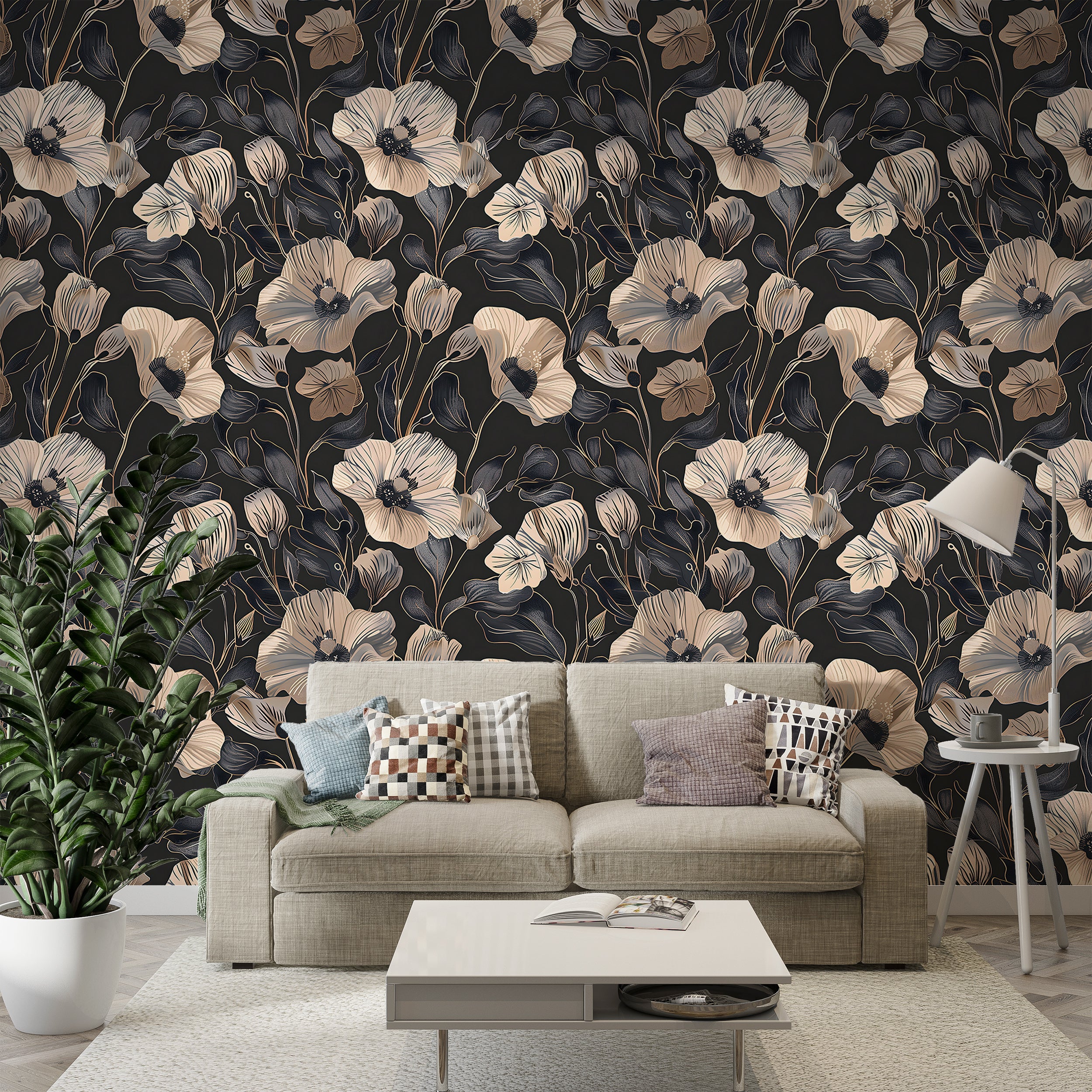 Dusty Rose and Dark Grey Floral Wallpaper, Peel and Stick Poppy Flowers Wall Decal, Removable Dark Botanical Decor, Pink & Black Flowers