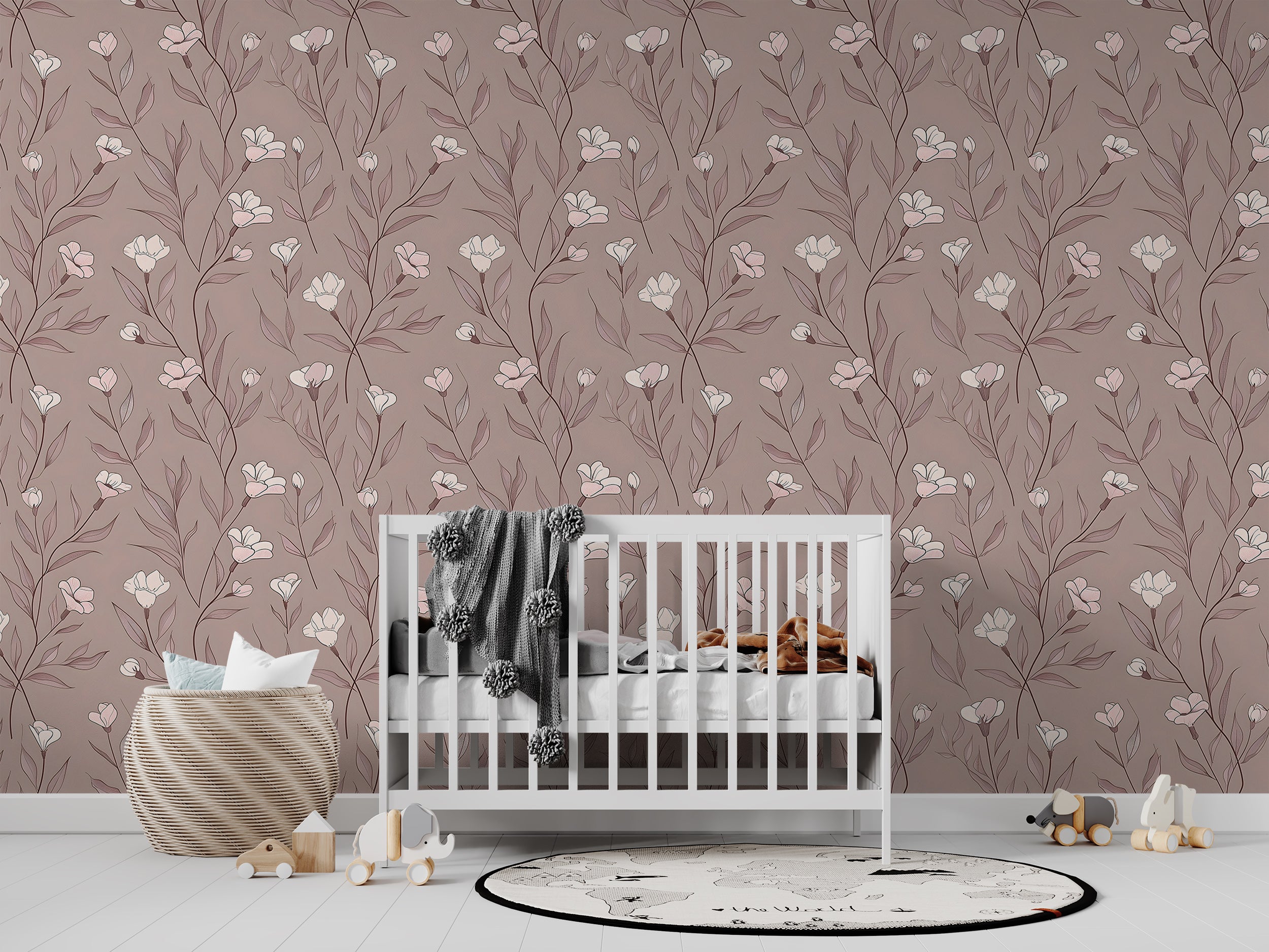 Minimalistic Dusty Rose Floral Wallpaper, Self-adhesive Meadow Flowers Wallpaper, Removable Pastel Pink and White Botanical Wall Decor
