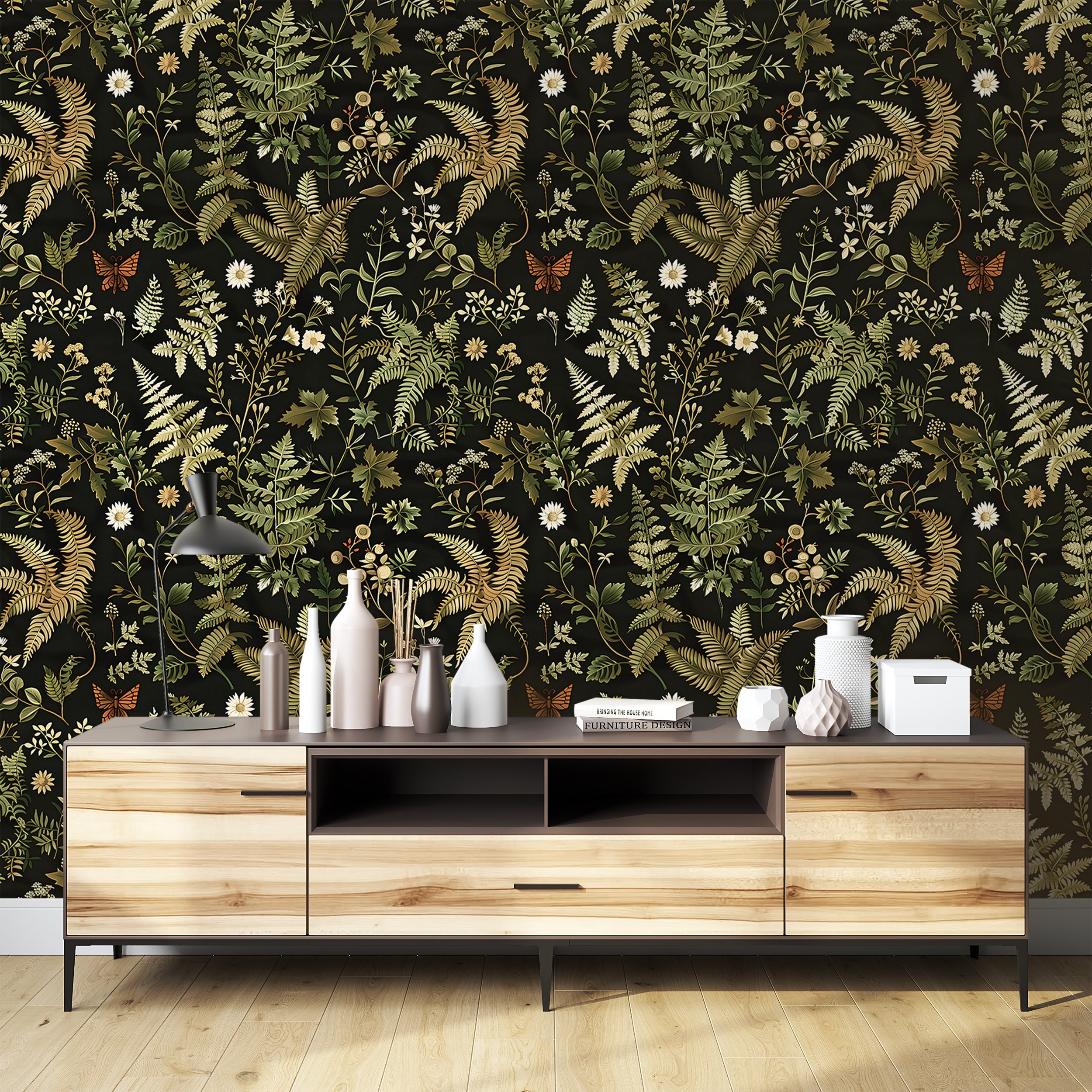 Dark Fern Botanical Pattern Wallpaper, Floral Leaves from Wild Forest Decal, Peel and Stick Removable Greenery Decor, PVC-free Black and Green