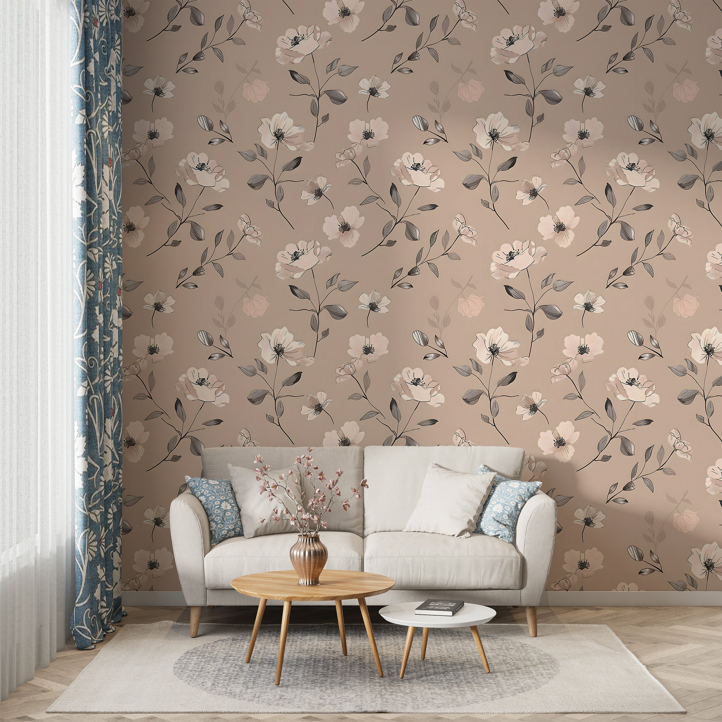 Watercolor Soft Pink Floral Wallpaper, Self-adhesive Dusty Rose Botanical Wall Decal, Meadow Flowers Removable Pastel Colors Wall Decor