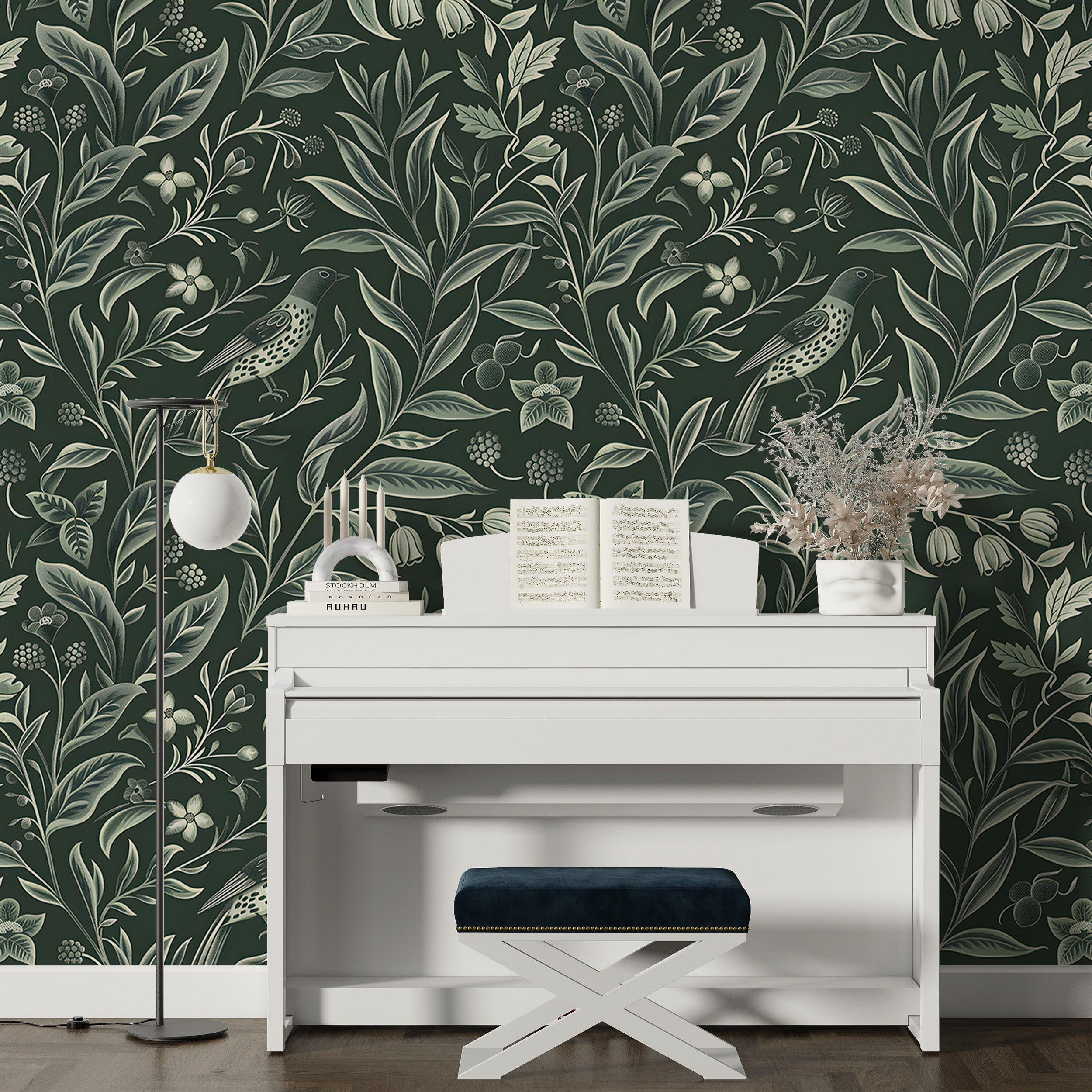 Vintage Green Floral Wallpaper, Dark Green Botanical Classic Wall Decal, Peel and Stick Chinoiserie Wallpaper, Removable Bird and Leaves Pattern